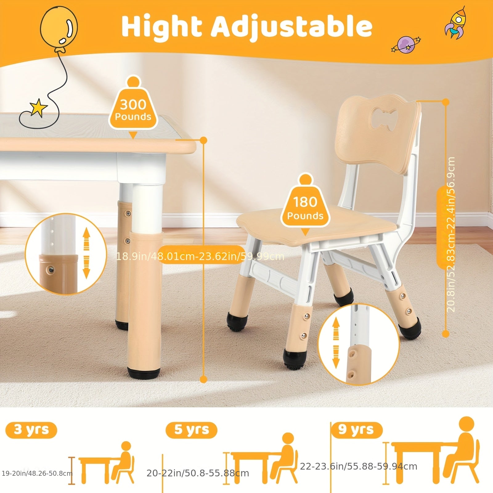 Kids Table And Chairs, Height Adjustable Table And Chair Set, Non-Slip Legs & Easy-Clean Graffiti Desktop (23.6''L X 23.6''W) For Learning, Daycare, Home (Beige)