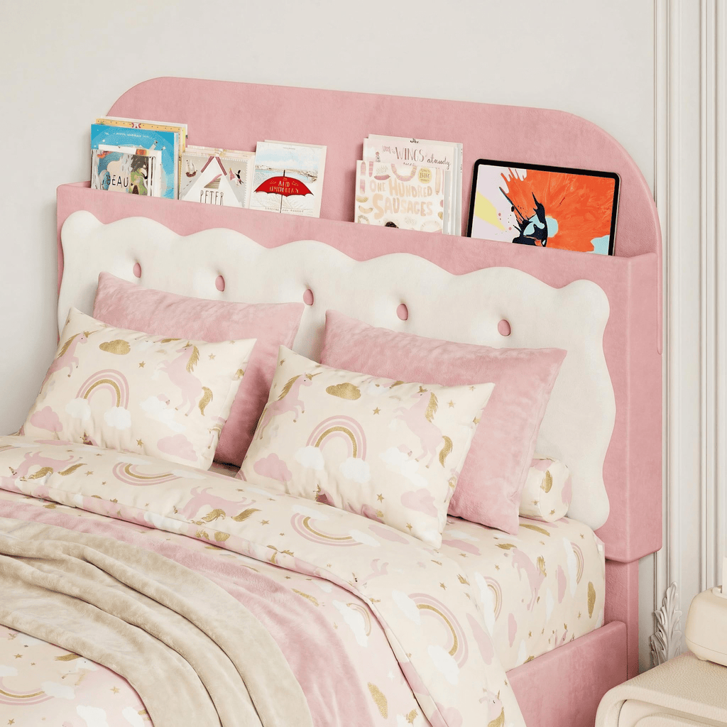 Twin Bed Frame with Cookie Sandwich Headboard, Beige Pink Bed for Girls, Storage with Cubbies Headboard & 2 Drawers, No Box Spring, Easy Assembly