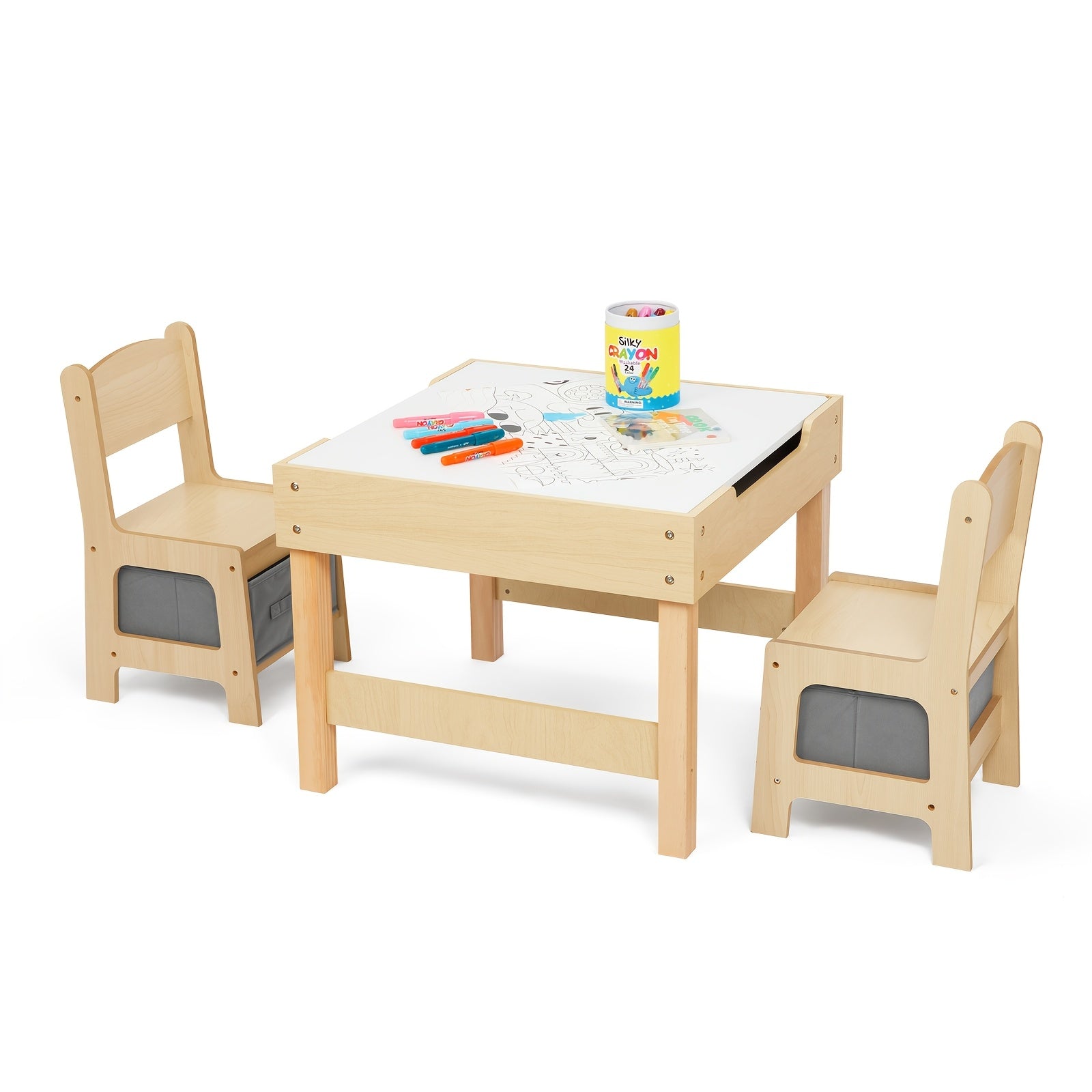 Wood Table And Chair Set, 3-In-1 Kids' Table And Chair Set with Double-Sided Desktop And Toy Storage, Ideal Choice for Room, Nursery, Playroom, And Daycare Center