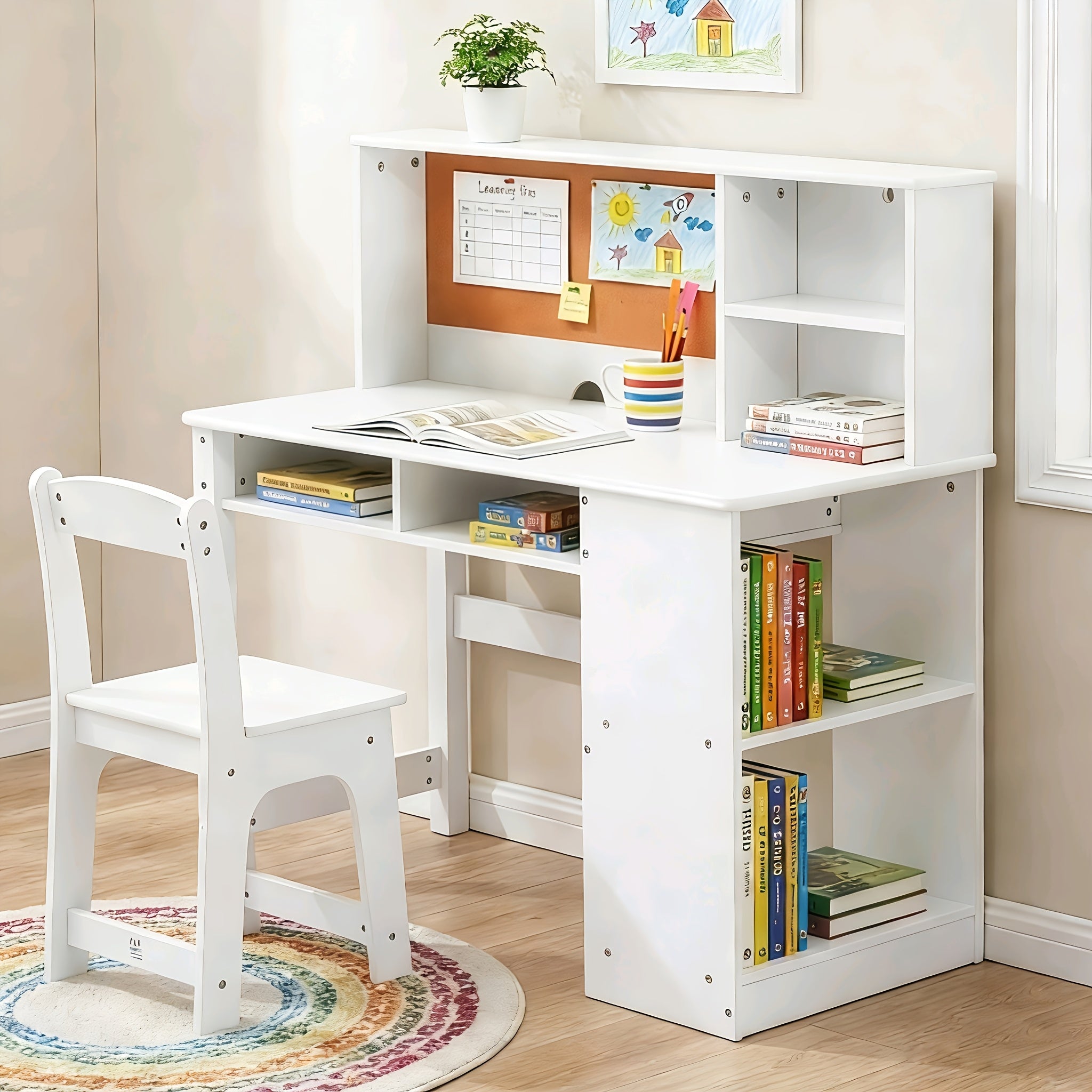 Wooden Study Table And Chair Set for Kids Aged 5 to 12, Featuring a Bulletin Board, Hutch, And Storage Cabinet