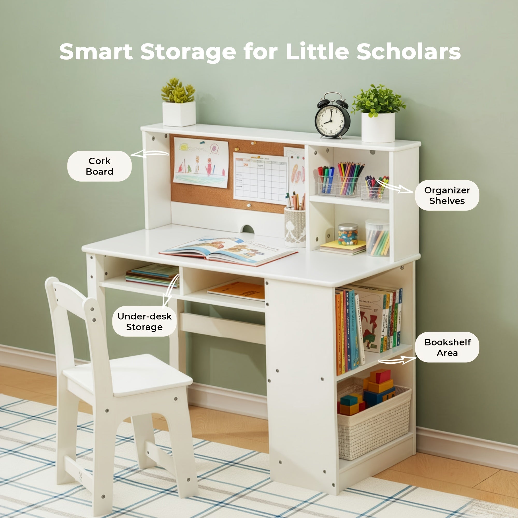 Wooden Study Table And Chair Set for Kids Aged 5 to 12, Featuring a Bulletin Board, Hutch, And Storage Cabinet