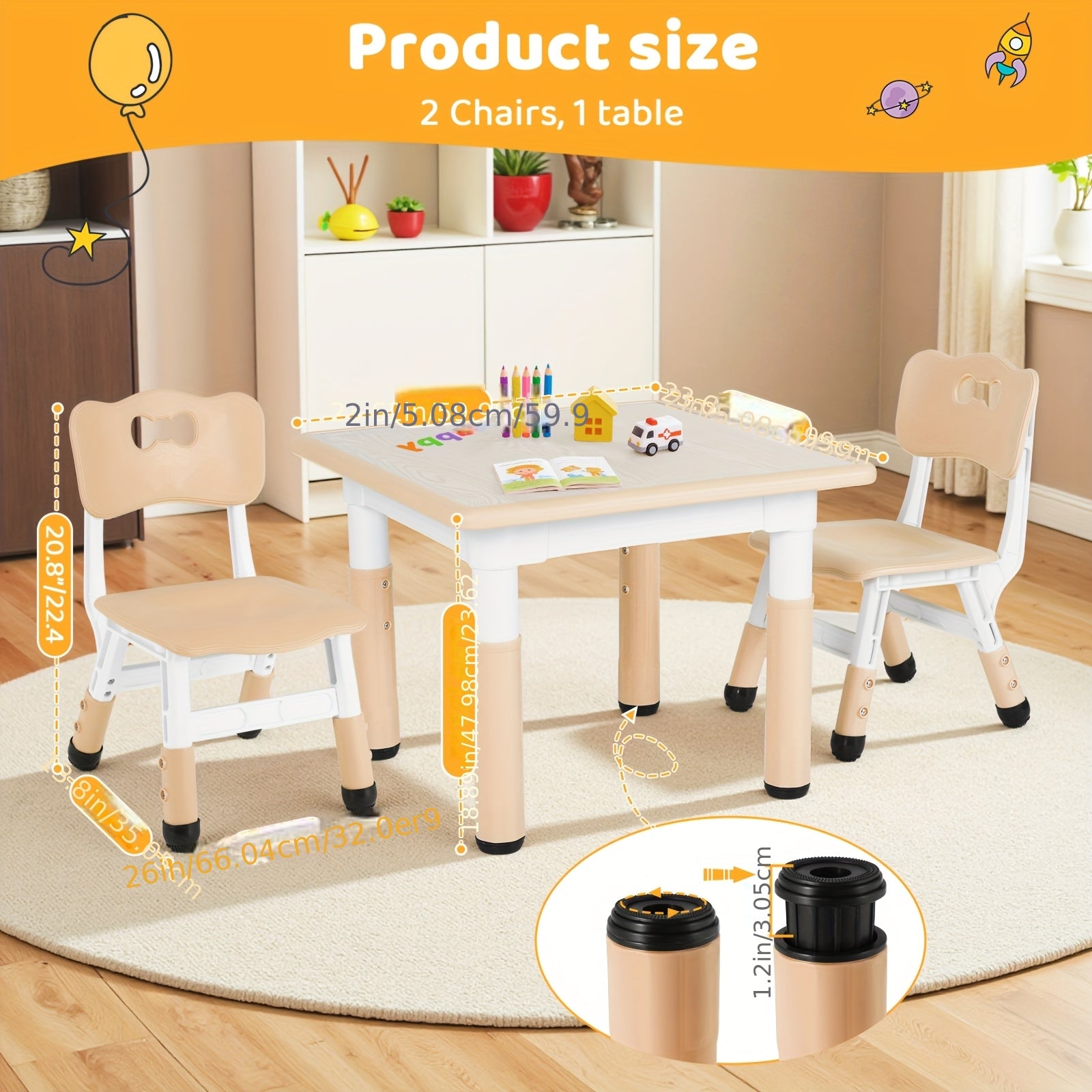 Kids Table And Chairs, Height Adjustable Table And Chair Set, Non-Slip Legs & Easy-Clean Graffiti Desktop (23.6''L X 23.6''W) For Learning, Daycare, Home (Beige)