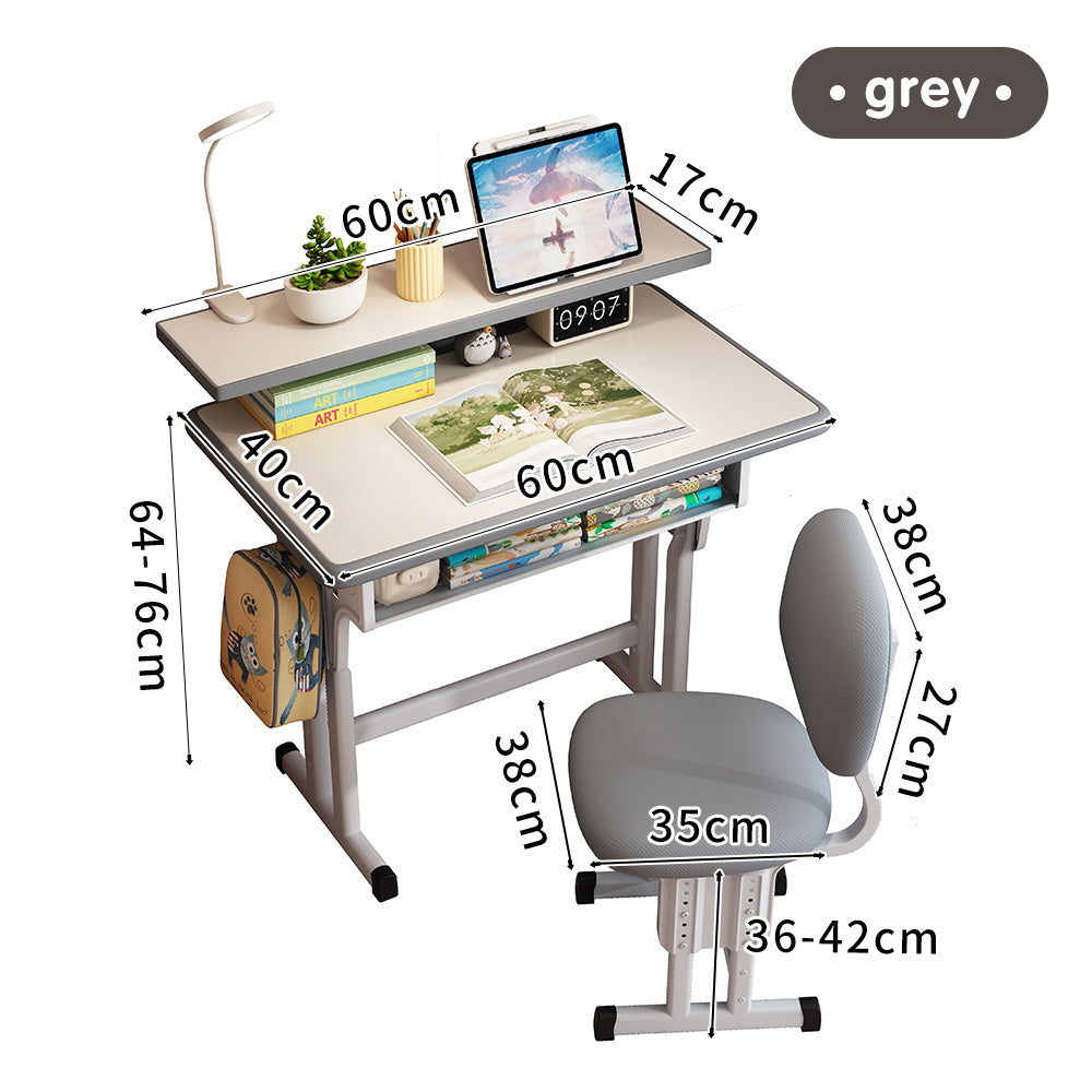 Kids Desk and Chair Set, Height Adjustable Children Bedroom Study Desk, Can Directly for Drawing Desktop, Book Stand, Large Storage Drawer for Boys & Girls (Gray)