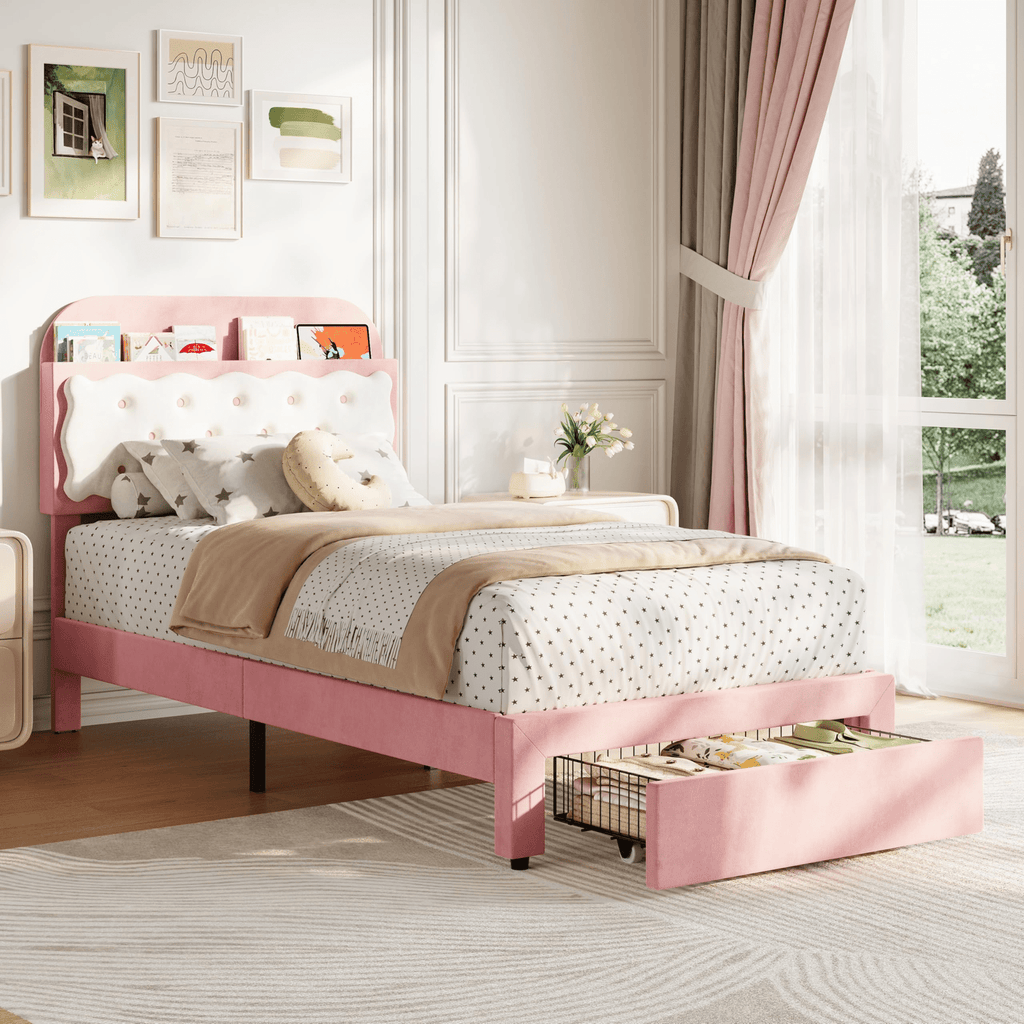 Twin Bed Frame with Cookie Sandwich Headboard, Beige Pink Bed for Girls, Storage with Cubbies Headboard & 2 Drawers, No Box Spring, Easy Assembly