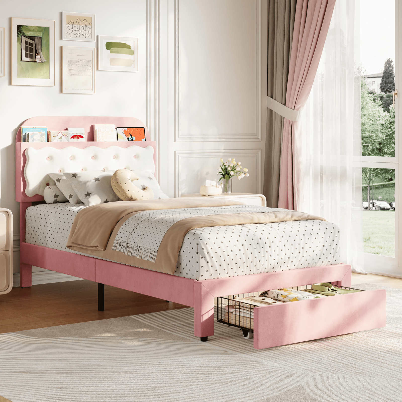Twin Bed Frame with Cookie Sandwich Headboard, Beige Pink Bed for Girls, Storage with Cubbies Headboard & 2 Drawers, No Box Spring, Easy Assembly