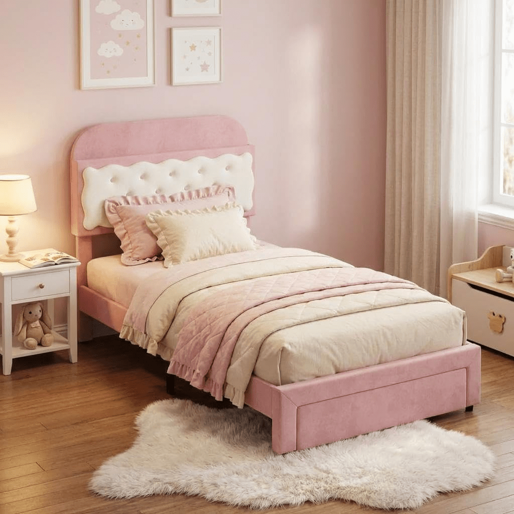 Twin Bed Frame with Cookie Sandwich Headboard, Beige Pink Bed for Girls, Storage with Cubbies Headboard & 2 Drawers, No Box Spring, Easy Assembly