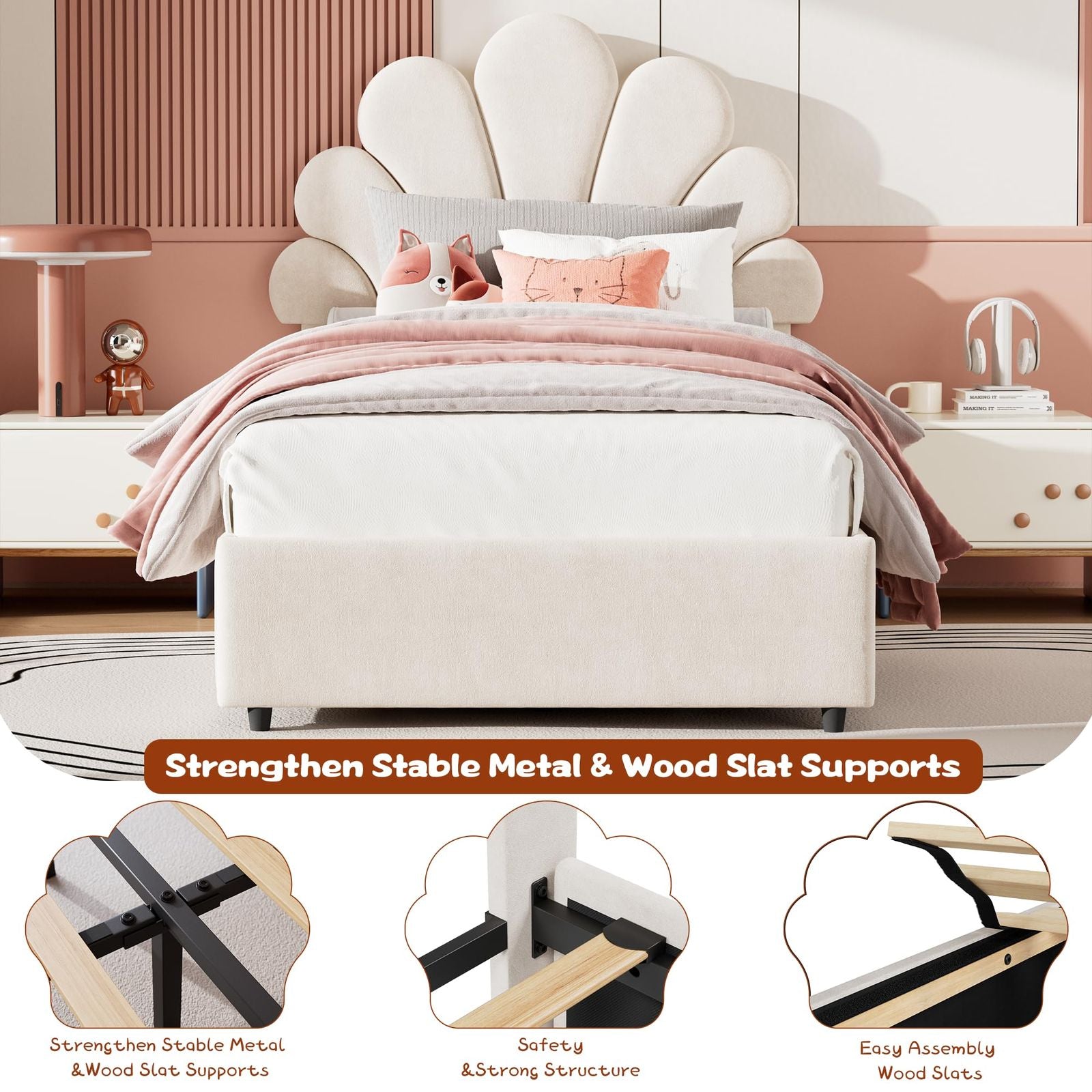 Twin Size Bed Frame Suitable for Kids Girls Boys - Upholstered Princess Platform Bed with Headboard & 2 Storage Drawers, Solid Wood Slat Support, No Box Spring Needed, Easy Assembly, Modern Minimalist Furniture for Boys and Girls