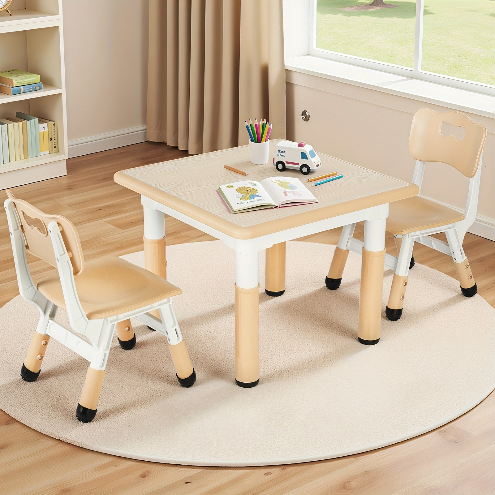 Kids Table And Chairs, Height Adjustable Table And Chair Set, Non-Slip Legs & Easy-Clean Graffiti Desktop (23.6''L X 23.6''W) For Learning, Daycare, Home (Beige)