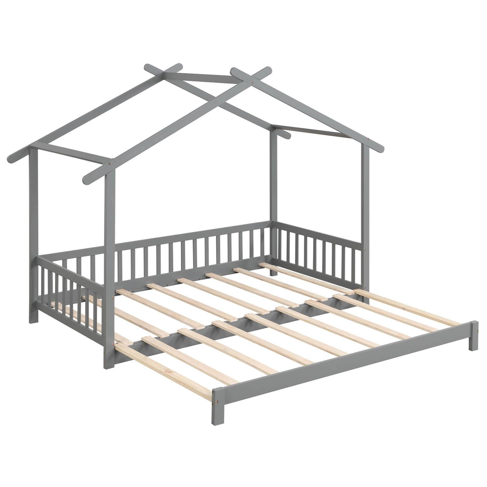 Versatile Extendable Youngsters' House Bed - Twin to King Size, with Roof & Safety Rails, Sturdy Wooden Frame for Teens, Boys & Girls - Easy-Access Low Profile Design, No Box Spring Needed - Available in Gray, Natural, White