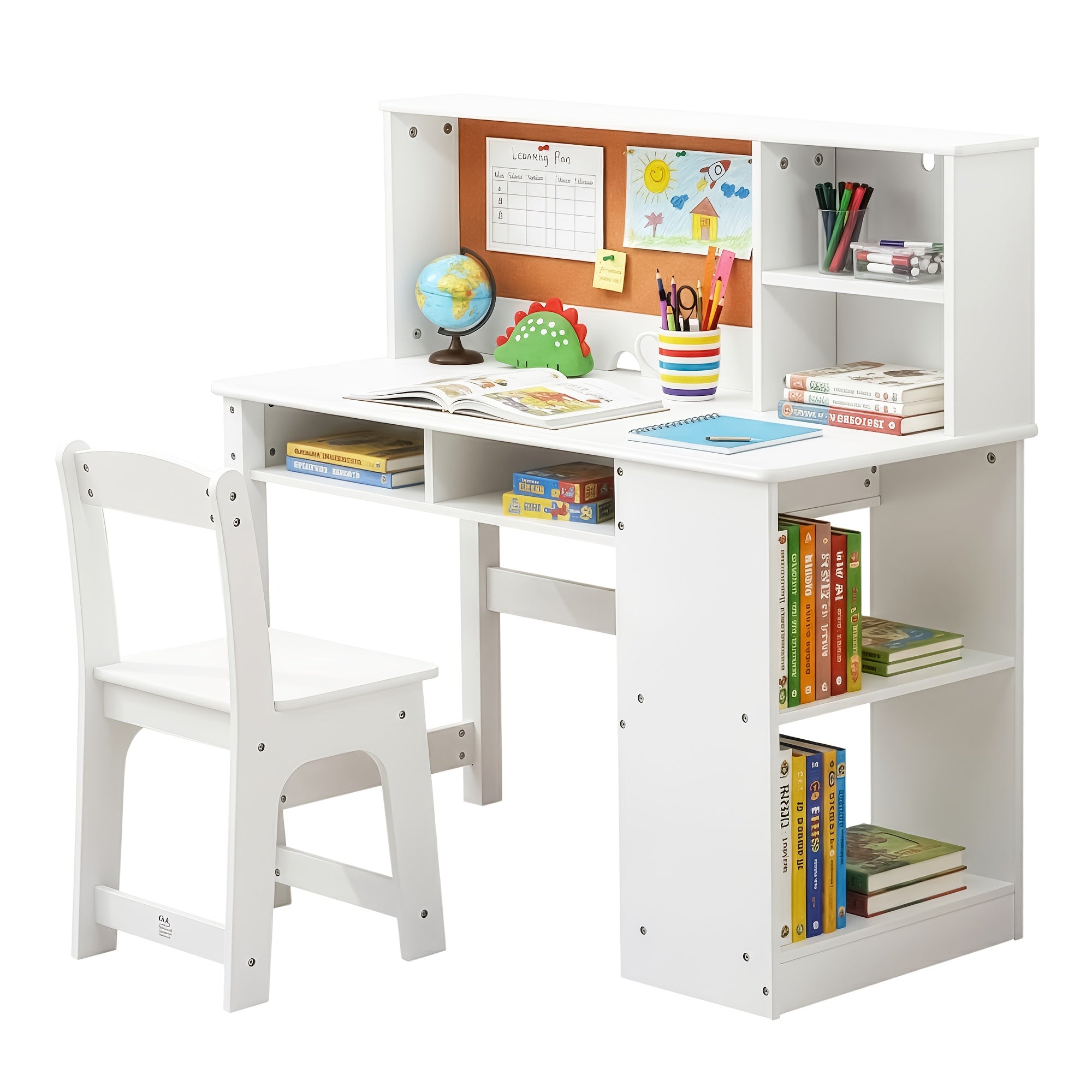Wooden Study Table And Chair Set for Kids Aged 5 to 12, Featuring a Bulletin Board, Hutch, And Storage Cabinet