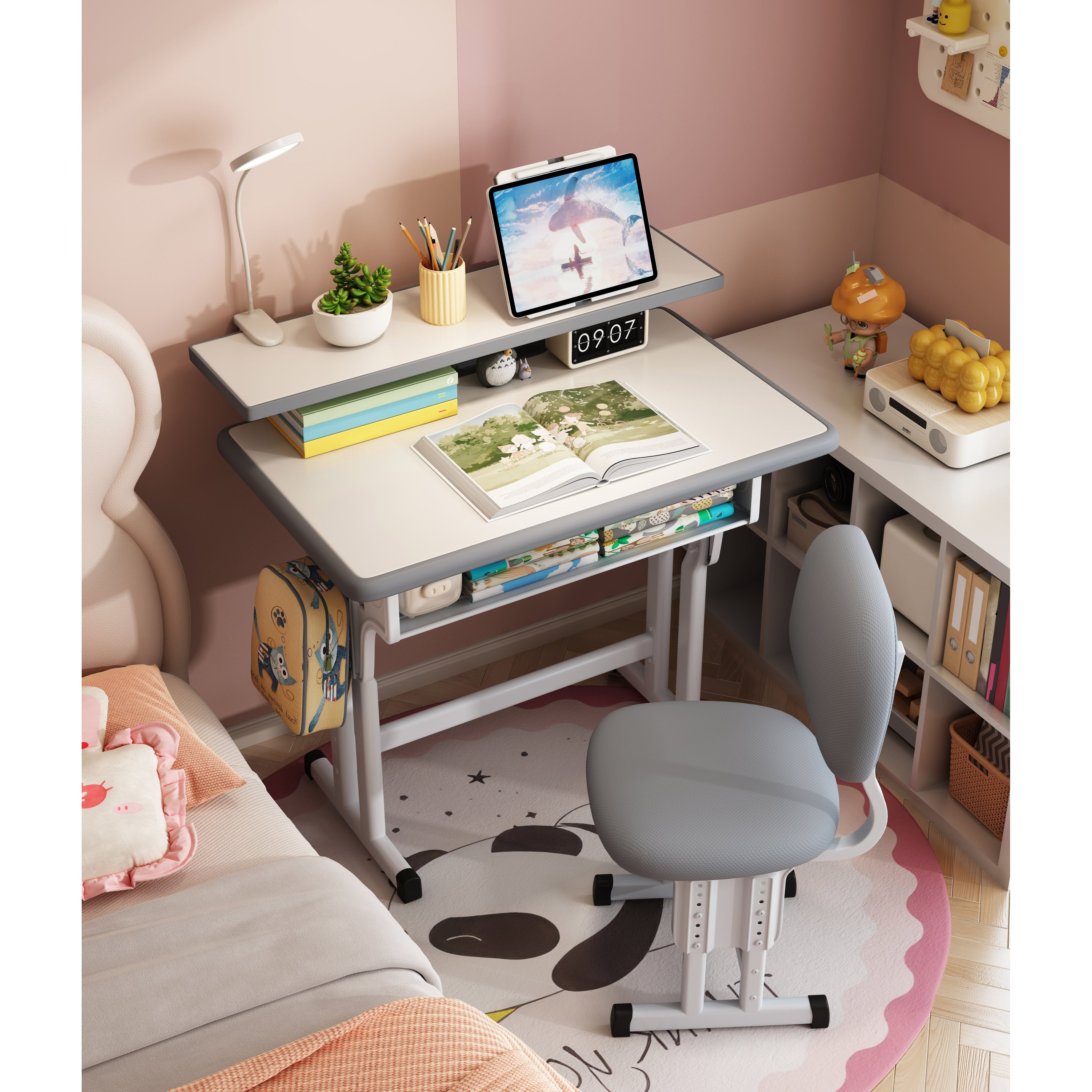 Kids Desk and Chair Set, Height Adjustable Children Bedroom Study Desk, Can Directly for Drawing Desktop, Book Stand, Large Storage Drawer for Boys & Girls (Gray)