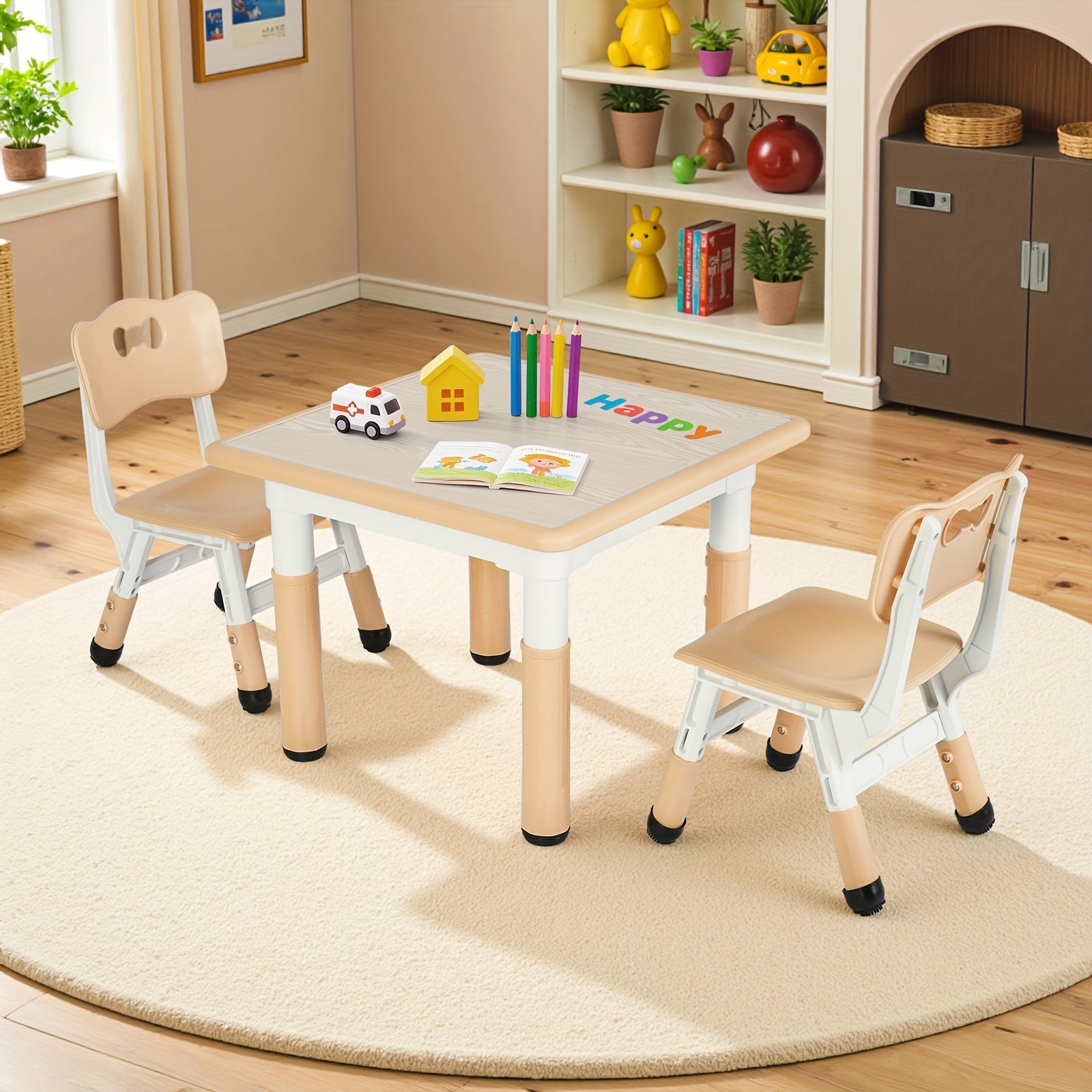 Kids Table And Chairs, Height Adjustable Table And Chair Set, Non-Slip Legs & Easy-Clean Graffiti Desktop (23.6''L X 23.6''W) For Learning, Daycare, Home (Beige)