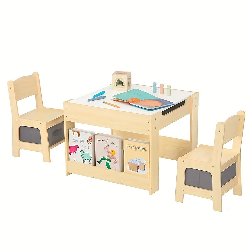 Wood Table And Chair Set, 3-In-1 Kids' Table And Chair Set with Double-Sided Desktop And Toy Storage, Ideal Choice for Room, Nursery, Playroom, And Daycare Center
