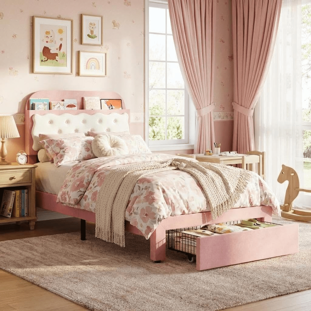 Twin Bed Frame with Cookie Sandwich Headboard, Beige Pink Bed for Girls, Storage with Cubbies Headboard & 2 Drawers, No Box Spring, Easy Assembly