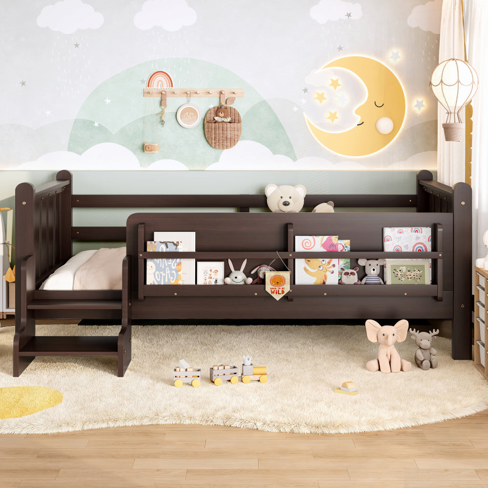 Modern Floor Bed with Storage Bookcases, Twin Size Floor Bed with Stairs and Guardrails, No Box Spring Needed, Easy Assembly