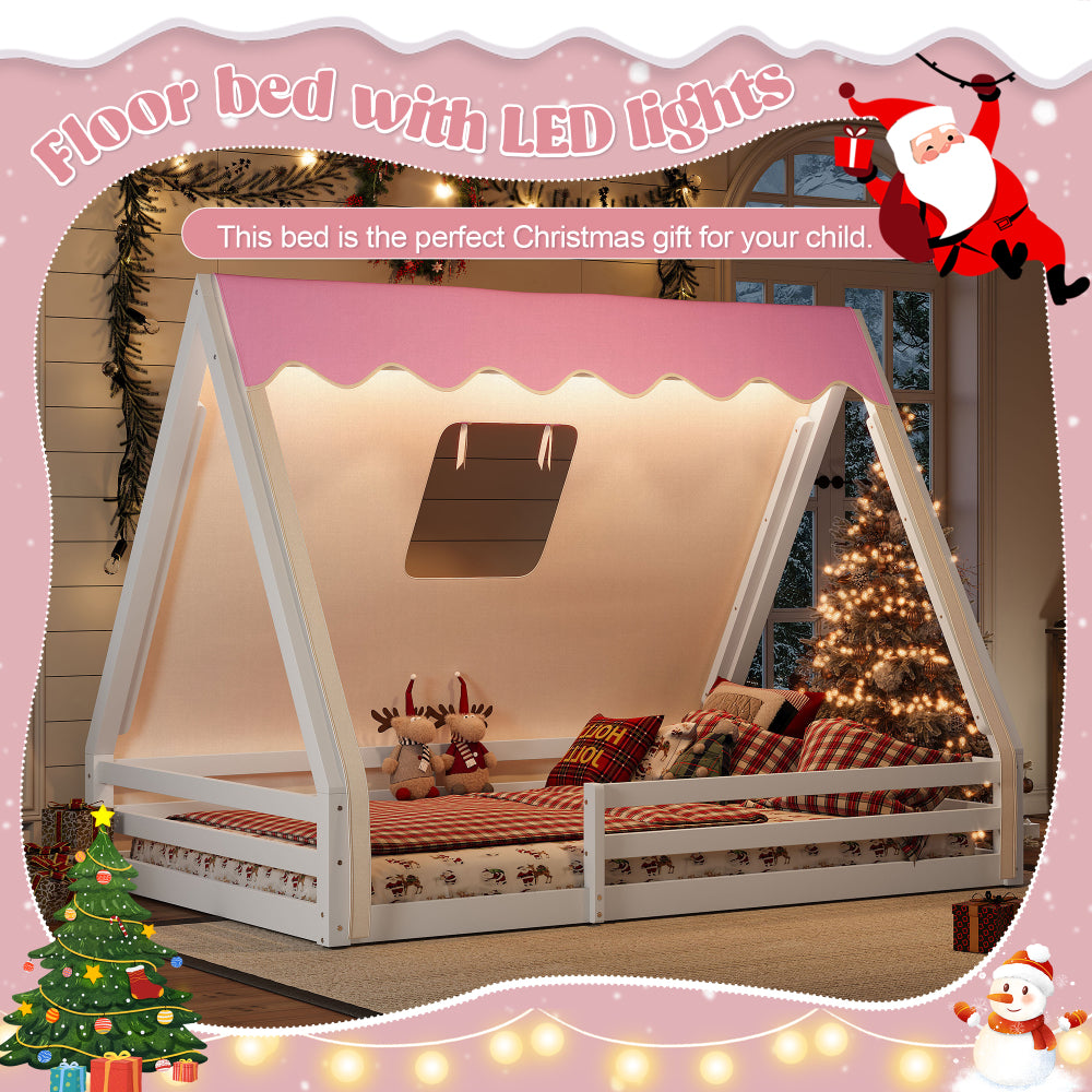 Full Size House Floor Bed with Tent And Light, Solid Wood Teepee Floor Bed with Full-Length Guardrails, Childlike Design, White+Pink