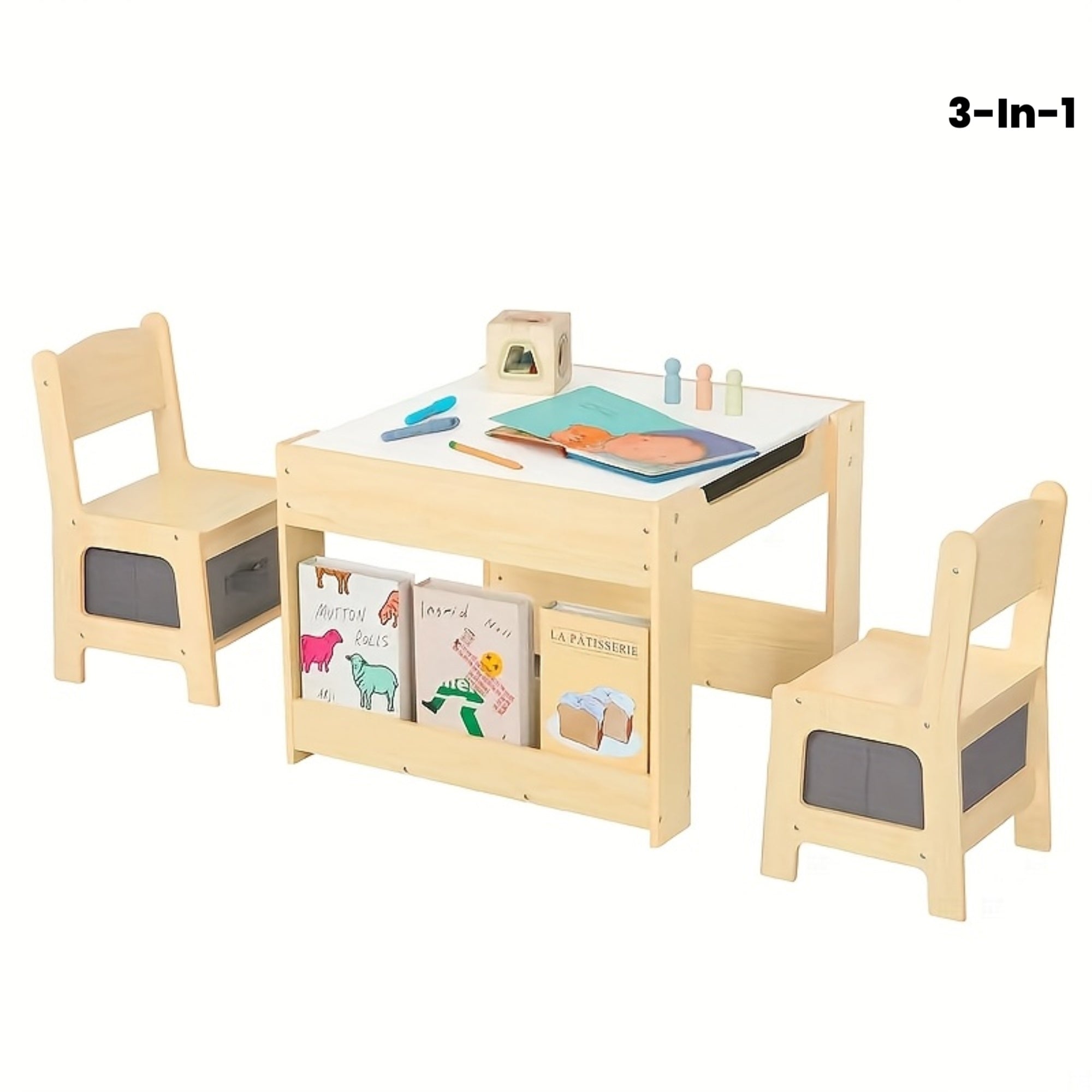 Wood Table And Chair Set, 3-In-1 Kids' Table And Chair Set with Double-Sided Desktop And Toy Storage, Ideal Choice for Room, Nursery, Playroom, And Daycare Center