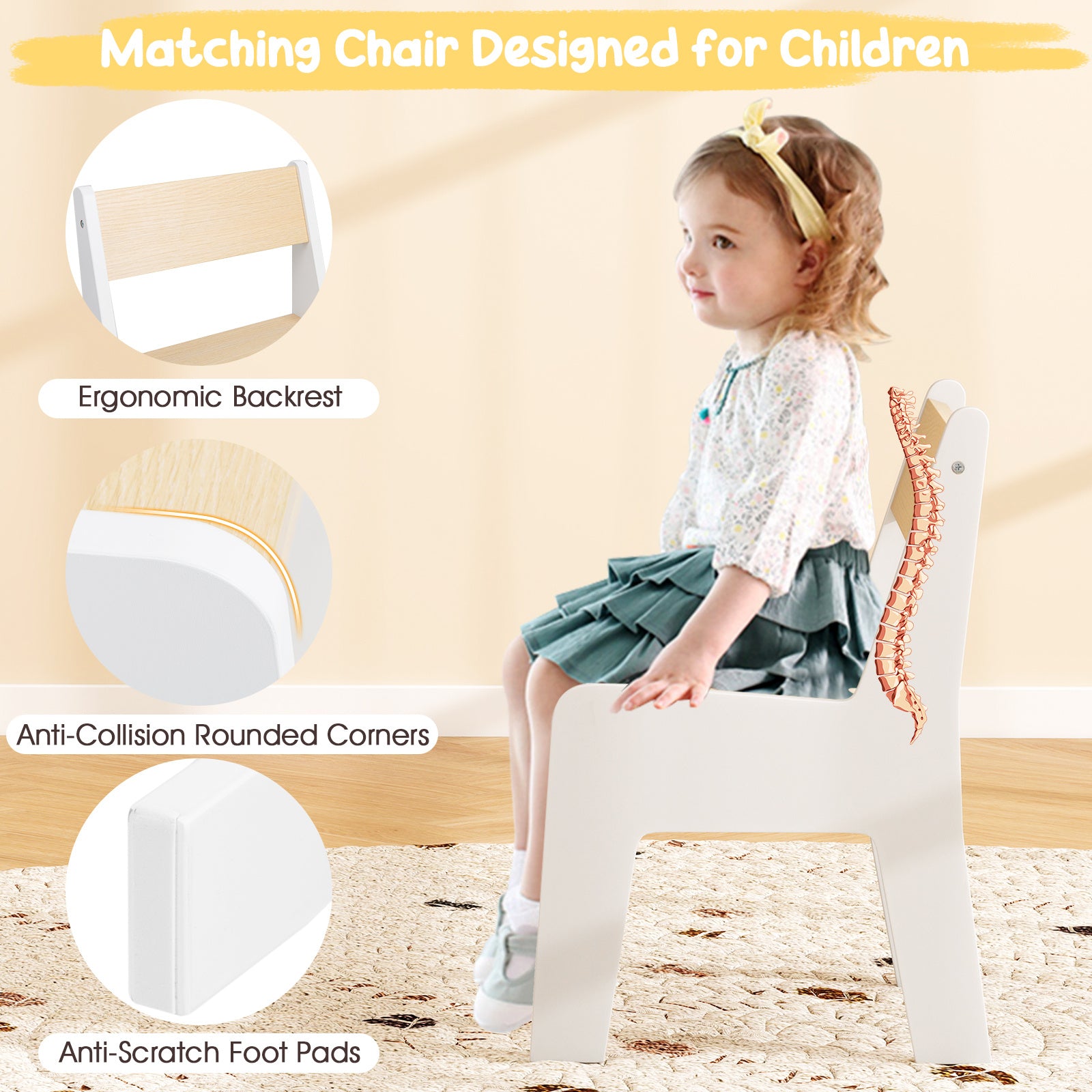 COSTWAY Kids Table and Chair Set, Wooden Activity Desk and Chair Set with 2in 1 Detachable Tabletop, Storage and Paper Roll Holder for Classroom, Home, Nursery and Playroom, Natural White