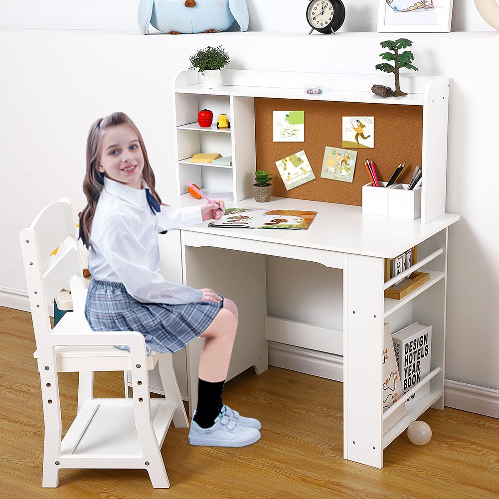 Kids Study Desk Set with Chair & Bookshelf - White Solid Hardwood Writing Desk with Bulletin Board, Storage Cabinets, Ladder Backrest & Easy Assembly - Space-Saving Learning for Ages 3-8, Girls & Boys, Home Schooling or Daycare Educational Furniture