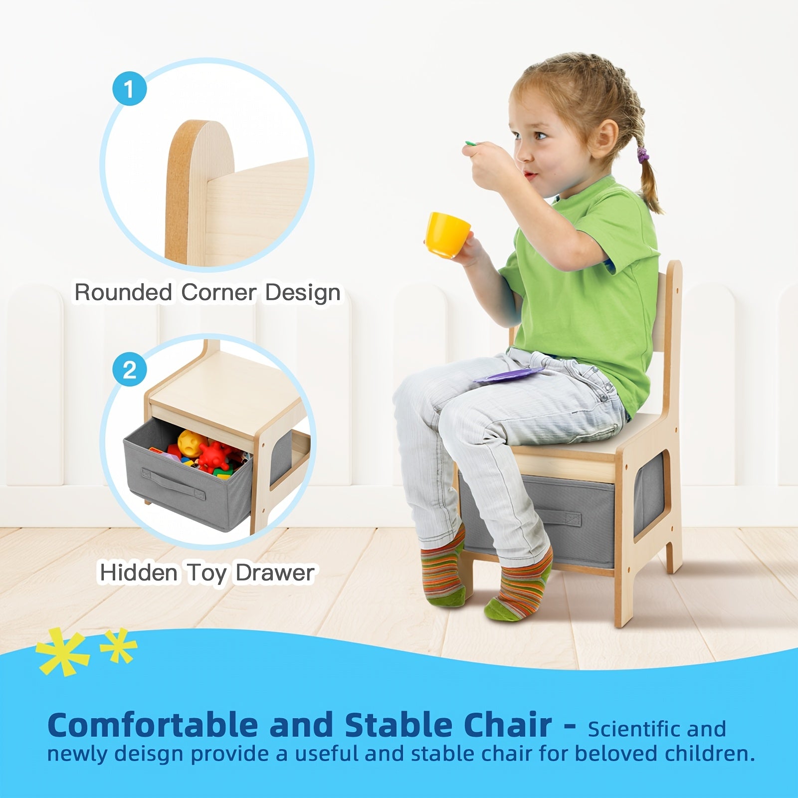 Wood Table And Chair Set, 3-In-1 Kids' Table And Chair Set with Double-Sided Desktop And Toy Storage, Ideal Choice for Room, Nursery, Playroom, And Daycare Center