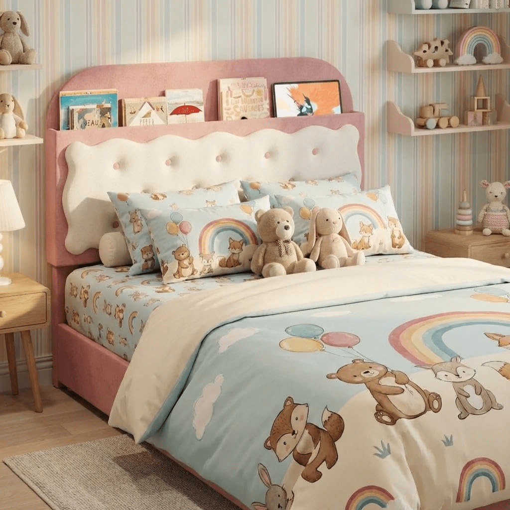 Twin Bed Frame with Cookie Sandwich Headboard, Beige Pink Bed for Girls, Storage with Cubbies Headboard & 2 Drawers, No Box Spring, Easy Assembly