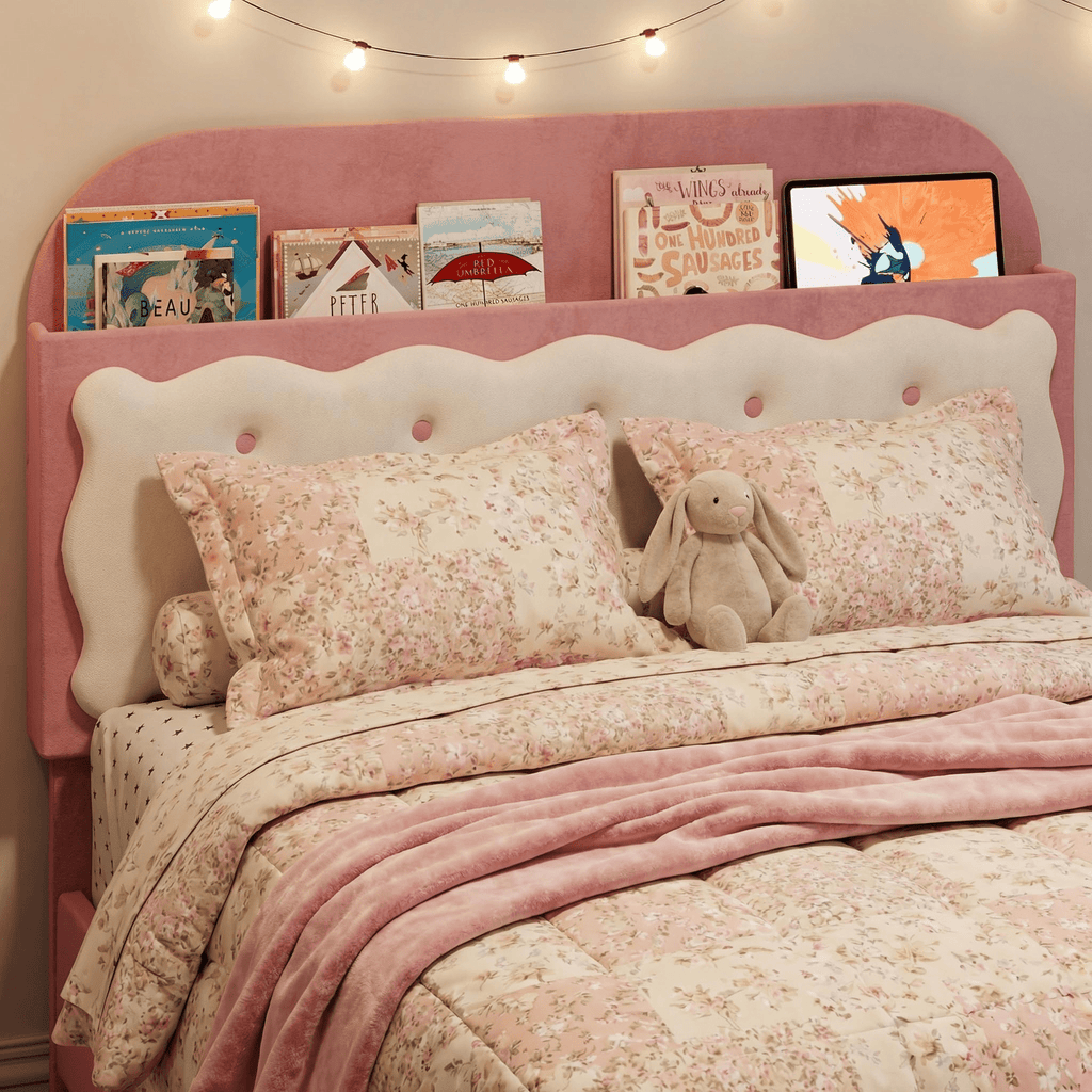 Twin Bed Frame with Cookie Sandwich Headboard, Beige Pink Bed for Girls, Storage with Cubbies Headboard & 2 Drawers, No Box Spring, Easy Assembly