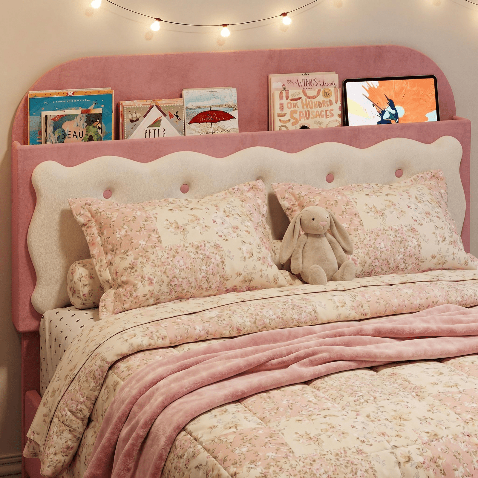 Twin Bed Frame with Cookie Sandwich Headboard, Beige Pink Bed for Girls, Storage with Cubbies Headboard & 2 Drawers, No Box Spring, Easy Assembly