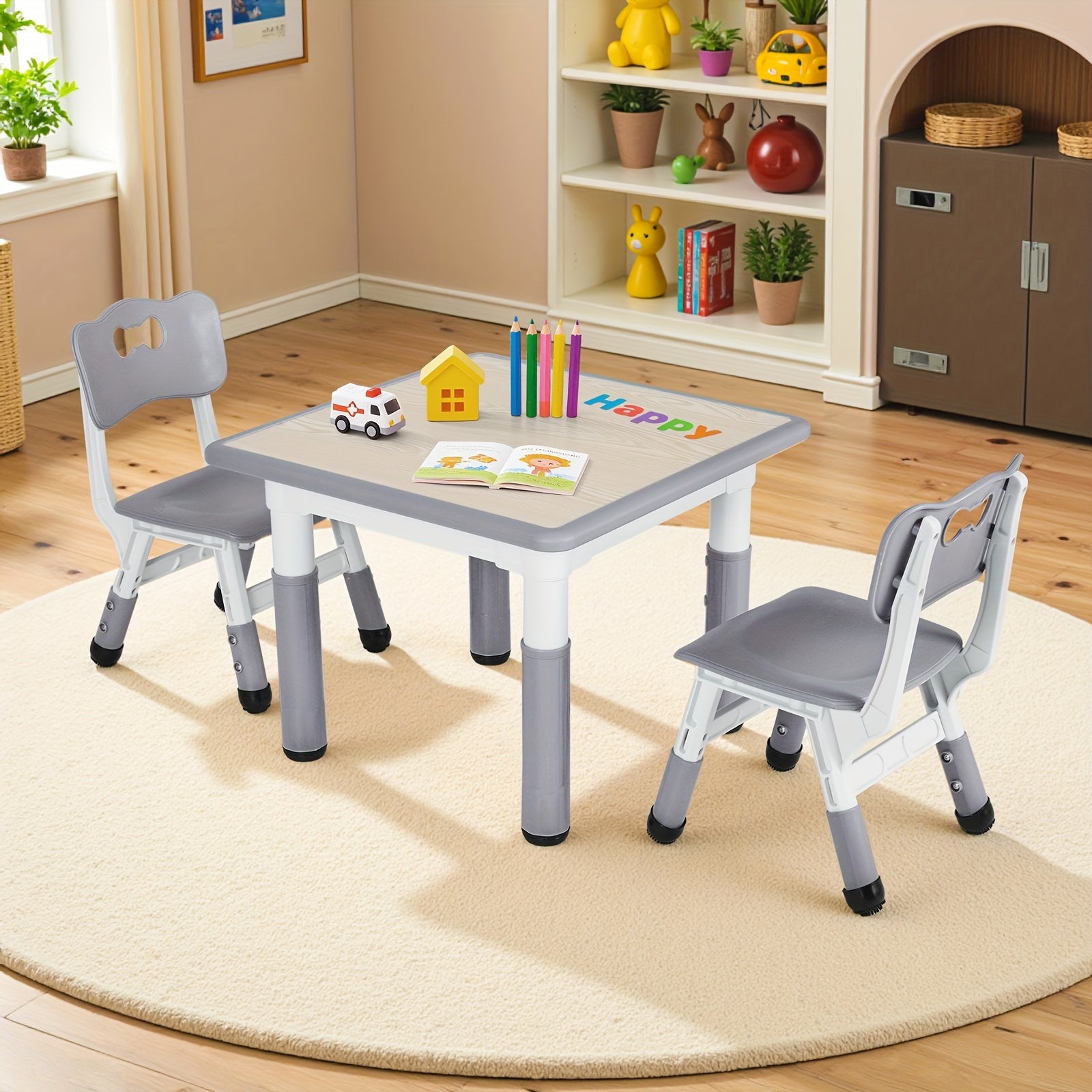 Kids Table And Chairs, Height Adjustable Table And Chair Set, Non-Slip Legs & Easy-Clean Graffiti Desktop (23.6''L X 23.6''W) For Learning, Daycare, Home (Beige)