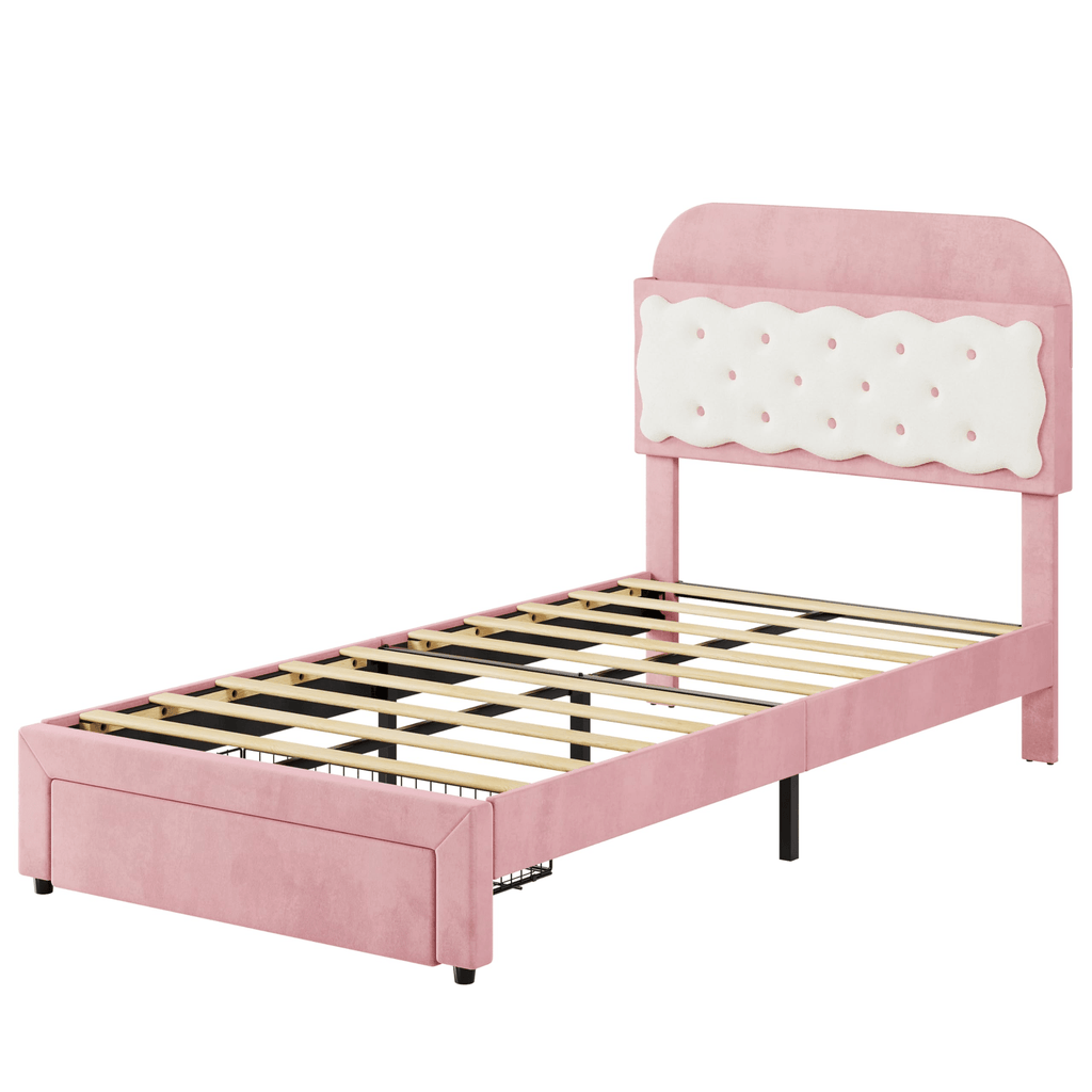 Twin Bed Frame with Cookie Sandwich Headboard, Beige Pink Bed for Girls, Storage with Cubbies Headboard & 2 Drawers, No Box Spring, Easy Assembly