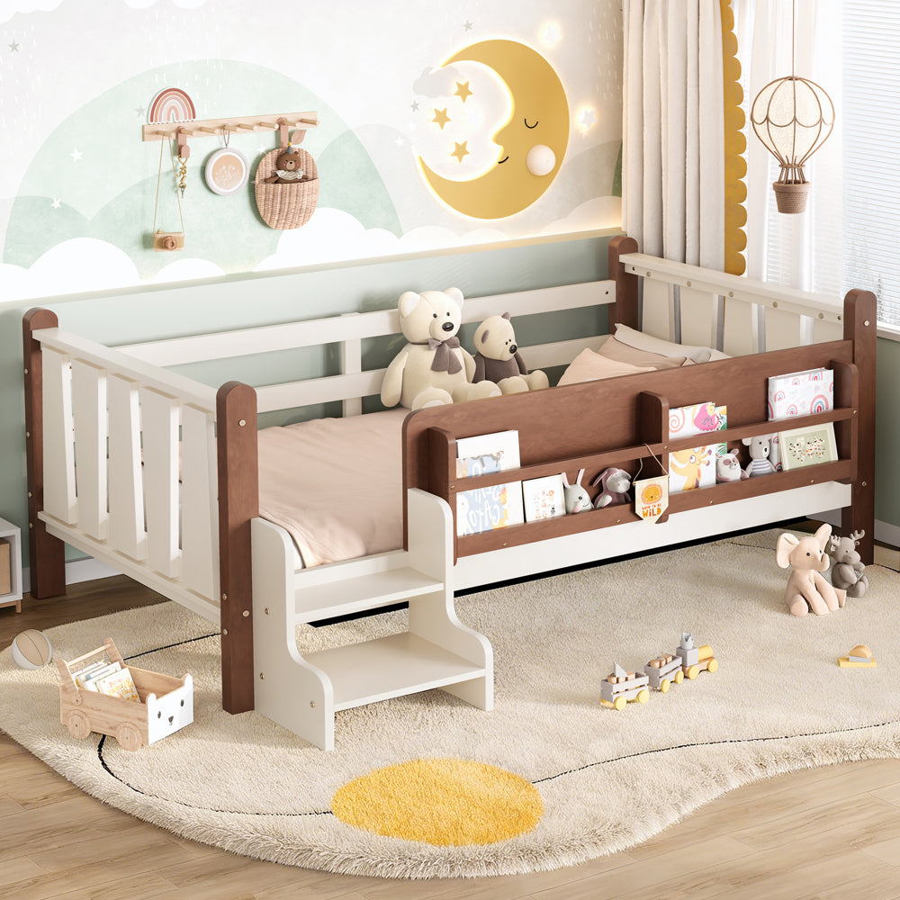 Modern Floor Bed with Storage Bookcases, Twin Size Floor Bed with Stairs and Guardrails, No Box Spring Needed, Easy Assembly