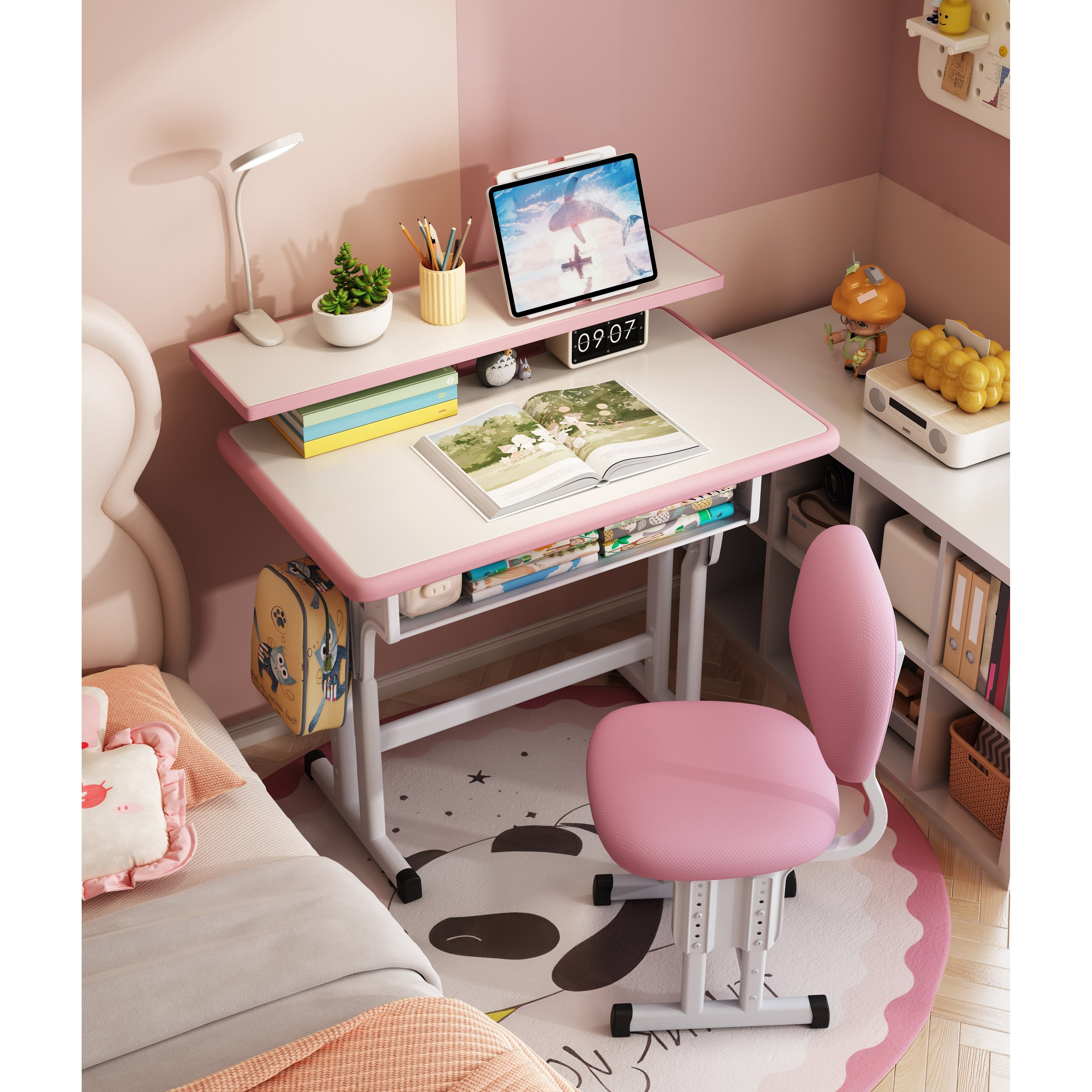 Kids Desk and Chair Set, Height Adjustable Children Bedroom Study Desk, Can Directly for Drawing Desktop, Book Stand, Large Storage Drawer for Boys & Girls (Gray)