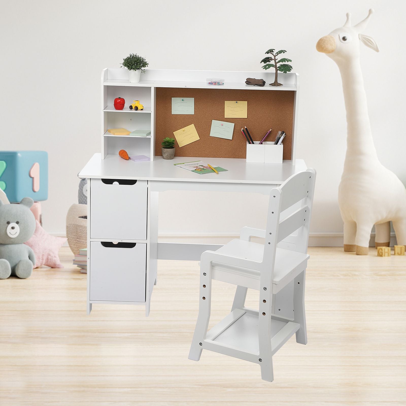 Kids Study Desk Set with Chair & Bookshelf - White Solid Hardwood Writing Desk with Bulletin Board, Storage Cabinets, Ladder Backrest & Easy Assembly - Space-Saving Learning for Ages 3-8, Girls & Boys, Home Schooling or Daycare Educational Furniture