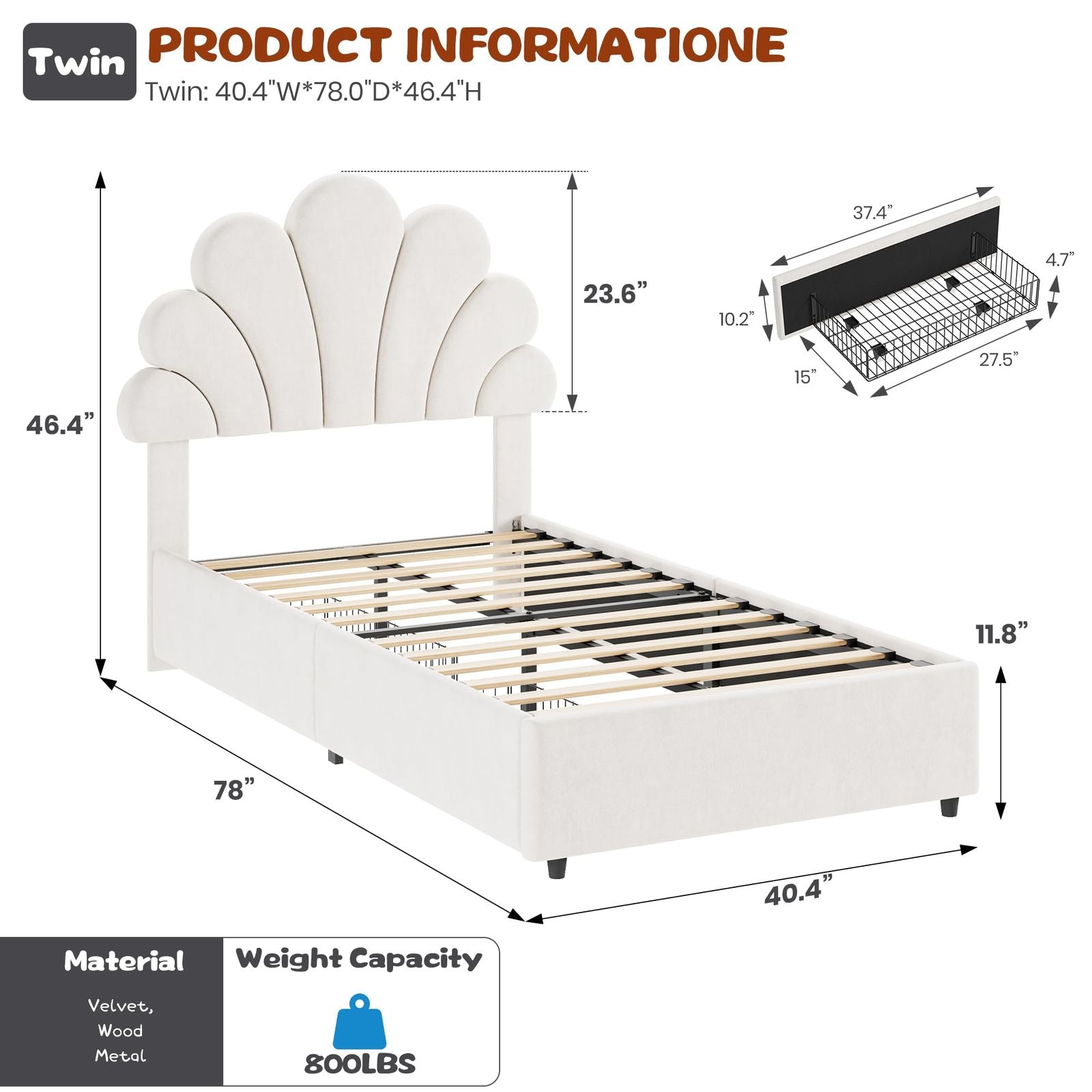 Twin Size Bed Frame Suitable for Kids Girls Boys - Upholstered Princess Platform Bed with Headboard & 2 Storage Drawers, Solid Wood Slat Support, No Box Spring Needed, Easy Assembly, Modern Minimalist Furniture for Boys and Girls
