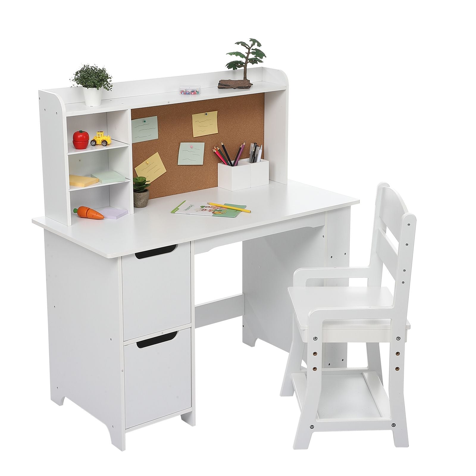 Kids Study Desk Set with Chair & Bookshelf - White Solid Hardwood Writing Desk with Bulletin Board, Storage Cabinets, Ladder Backrest & Easy Assembly - Space-Saving Learning for Ages 3-8, Girls & Boys, Home Schooling or Daycare Educational Furniture