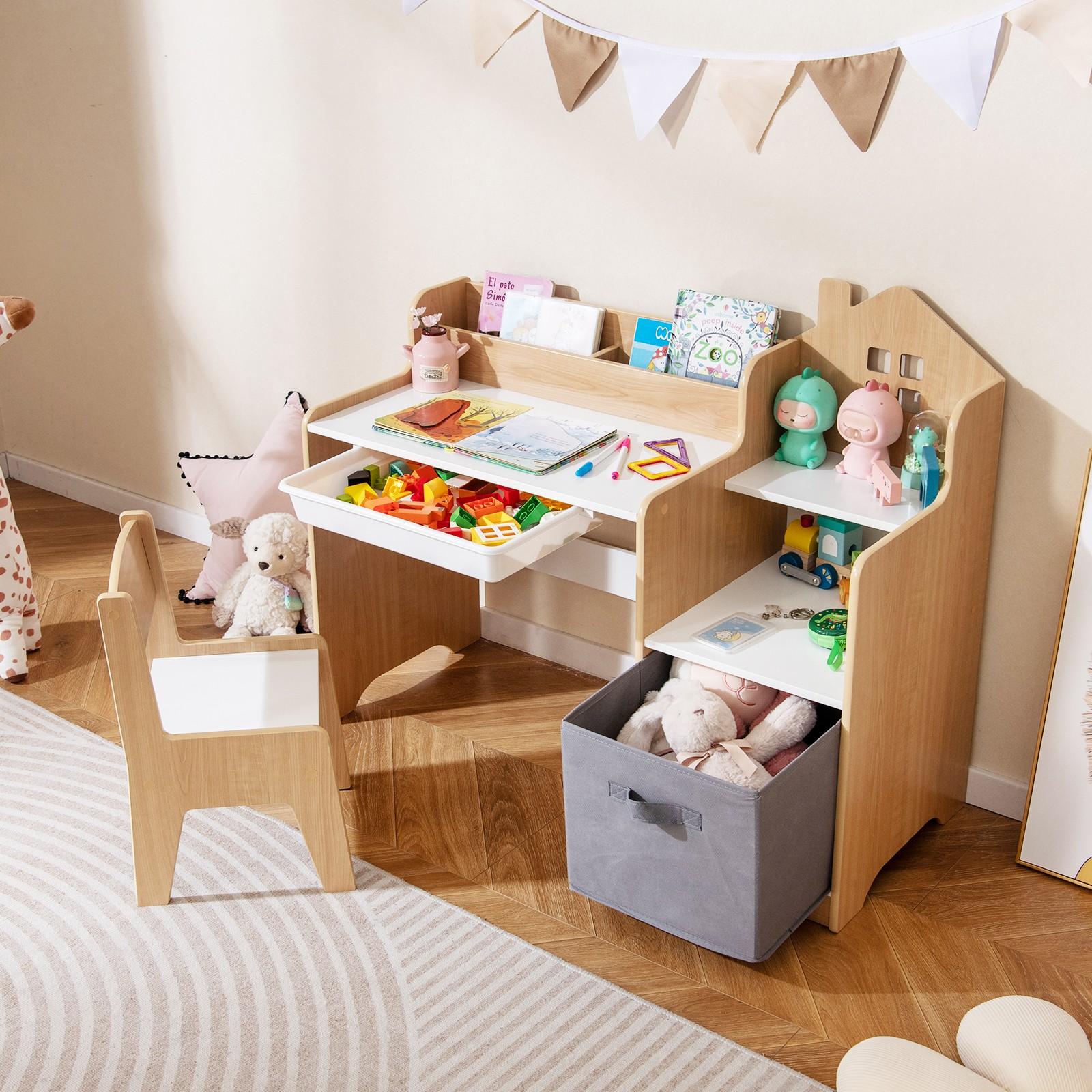 COSTWAY Kids Desk and Chair Set with Open Shelves, Storage Drawer & Fabric Bin - Heavy-Duty Hardwood Construction, 2-in-1 Activity Table & Study Desk with Ergonomic Chair, Space-Saving Design, 100 lbs Weight Capacity, Easy Assembly