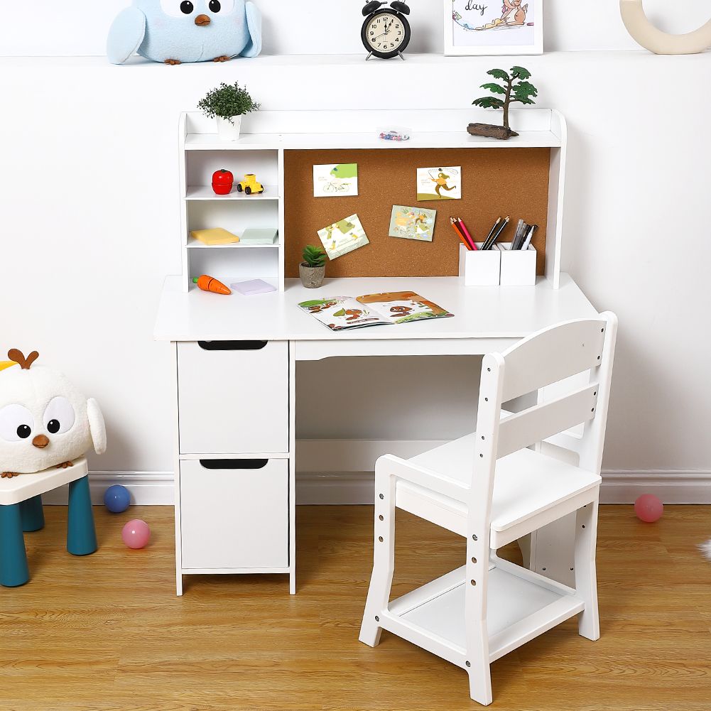 Kids Study Desk Set with Chair & Bookshelf - White Solid Hardwood Writing Desk with Bulletin Board, Storage Cabinets, Ladder Backrest & Easy Assembly - Space-Saving Learning for Ages 3-8, Girls & Boys, Home Schooling or Daycare Educational Furniture