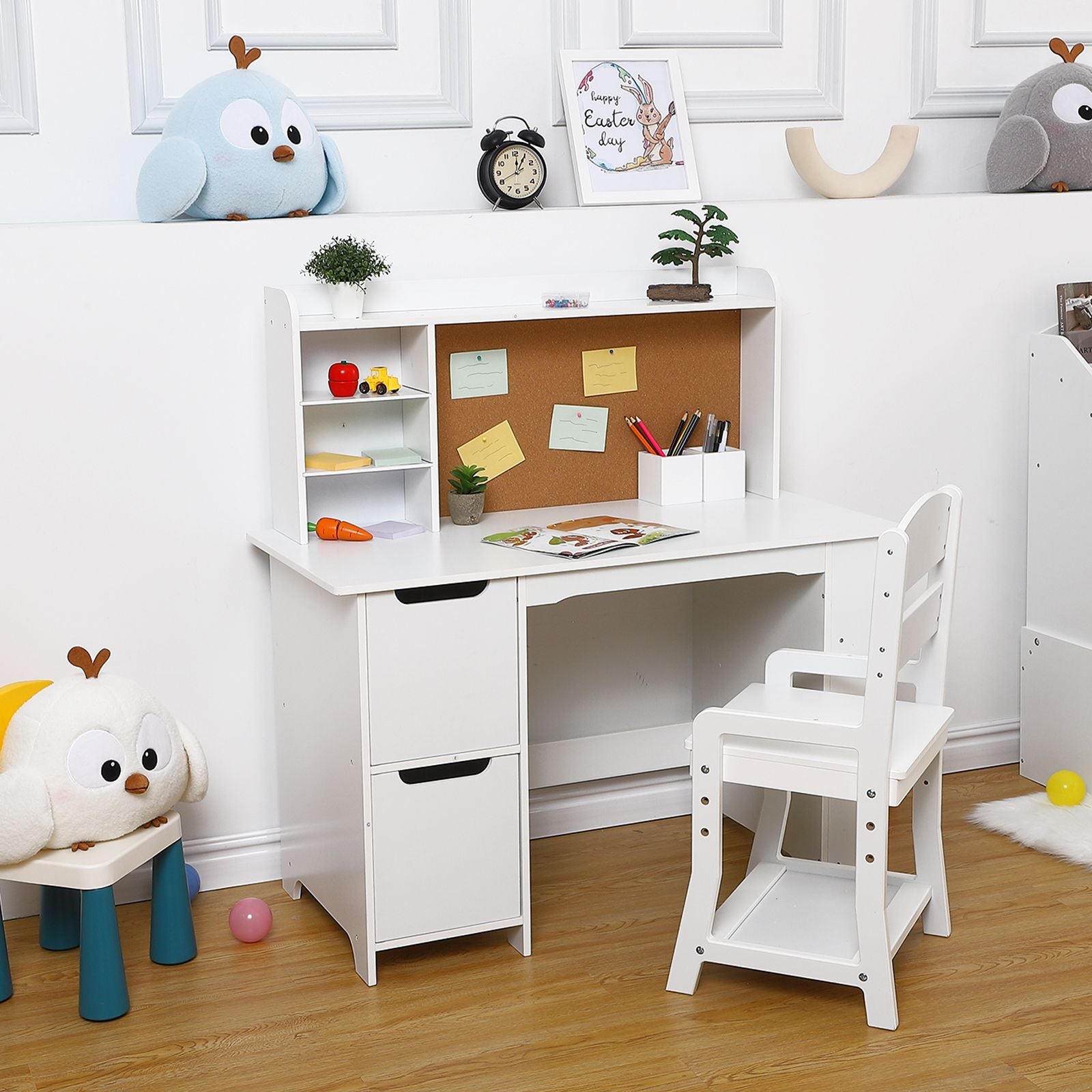 Kids Study Desk Set with Chair & Bookshelf - White Solid Hardwood Writing Desk with Bulletin Board, Storage Cabinets, Ladder Backrest & Easy Assembly - Space-Saving Learning for Ages 3-8, Girls & Boys, Home Schooling or Daycare Educational Furniture