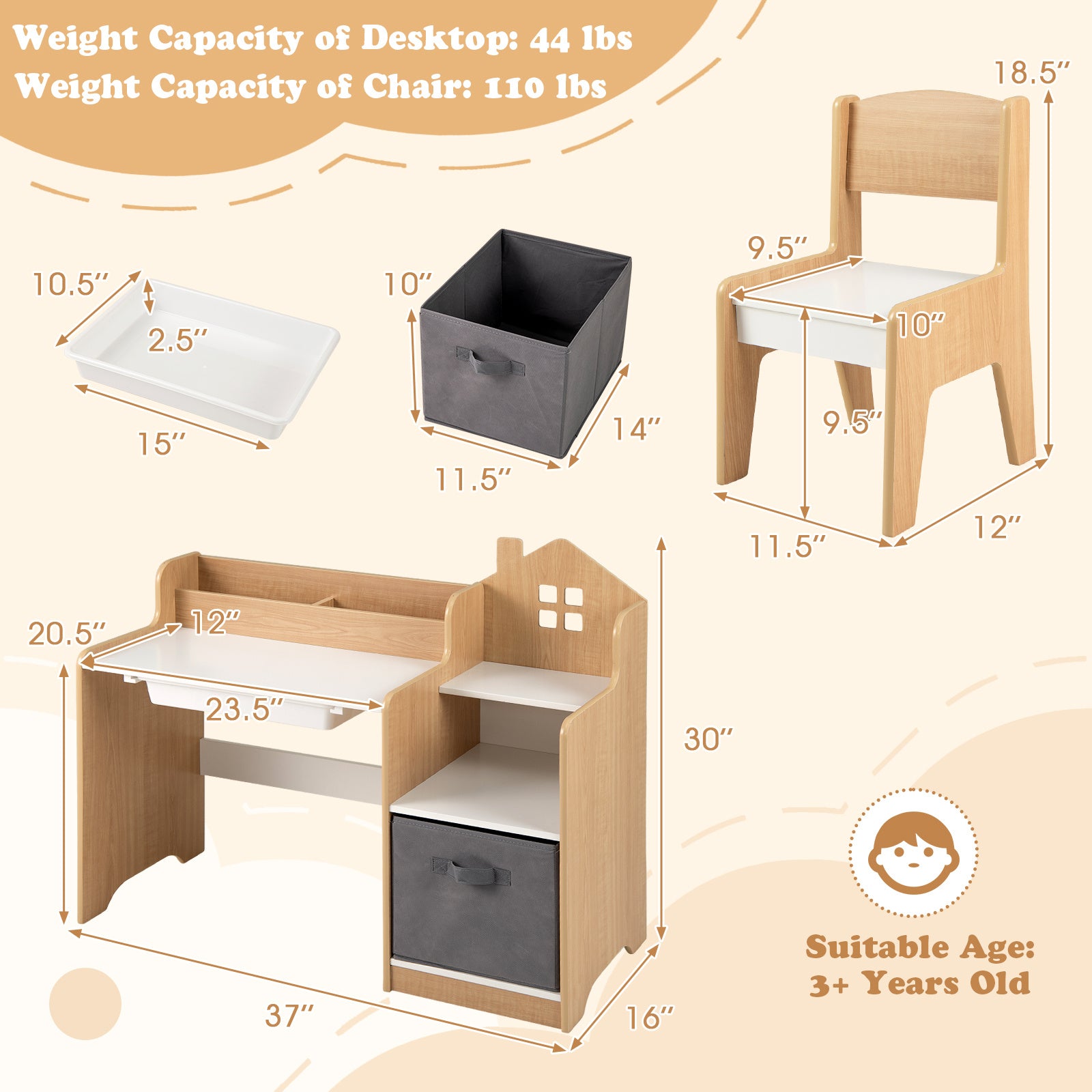 COSTWAY Kids Desk and Chair Set with Open Shelves, Storage Drawer & Fabric Bin - Heavy-Duty Hardwood Construction, 2-in-1 Activity Table & Study Desk with Ergonomic Chair, Space-Saving Design, 100 lbs Weight Capacity, Easy Assembly