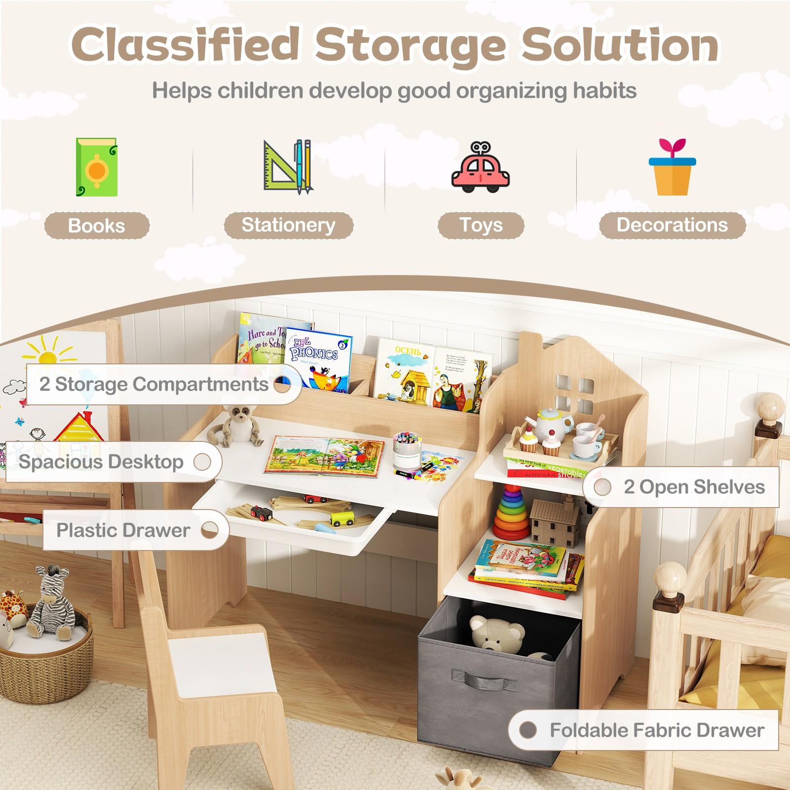 COSTWAY Kids Desk and Chair Set with Open Shelves, Storage Drawer & Fabric Bin - Heavy-Duty Hardwood Construction, 2-in-1 Activity Table & Study Desk with Ergonomic Chair, Space-Saving Design, 100 lbs Weight Capacity, Easy Assembly