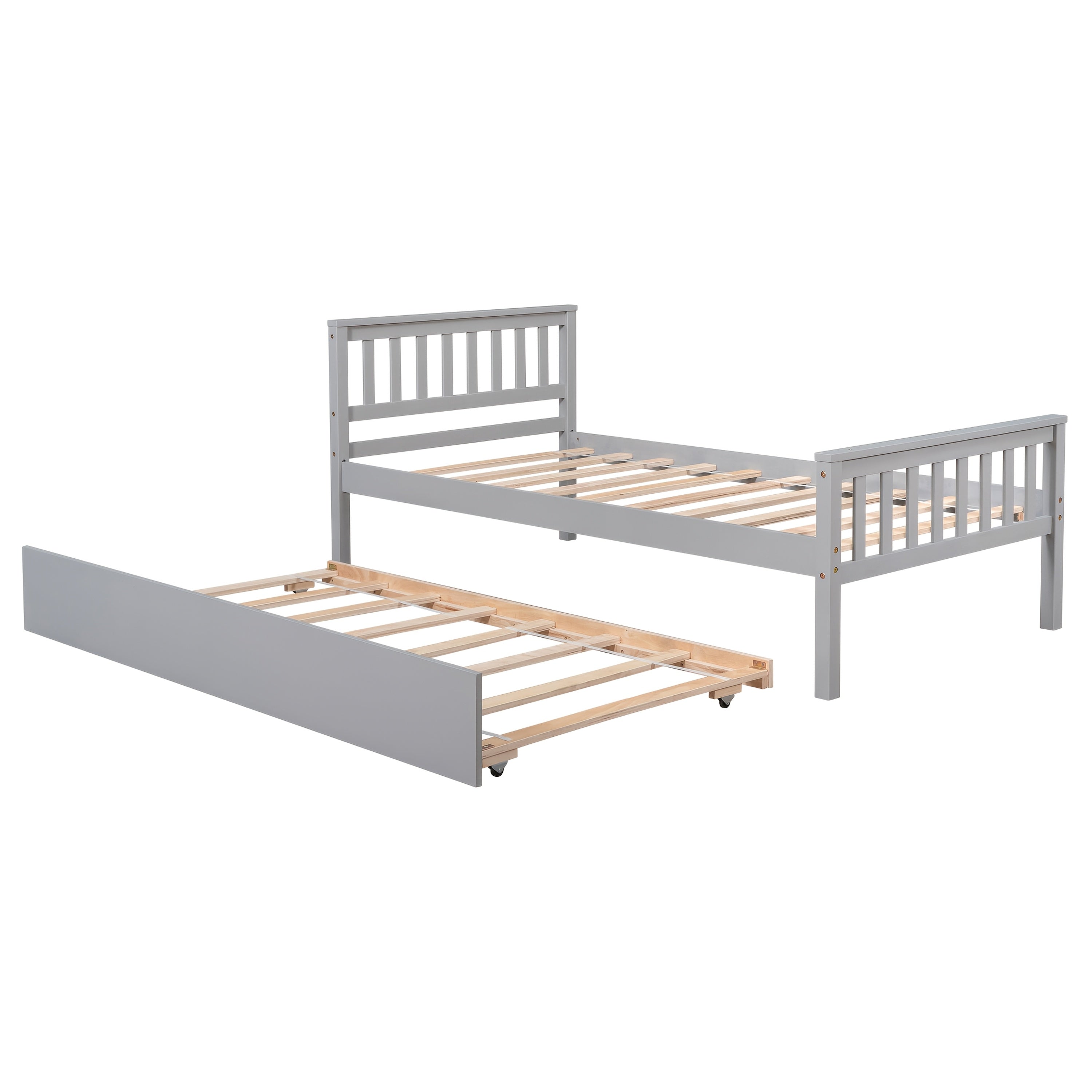 ANBAZAR New Twin Bed Frame with Trundle Cool Grey - Pull-Out Trundle Design with Silent Roller Wheels, Sturdy Pine Wood Frame, Guard Rails for Bedroom, No Box Spring Needed