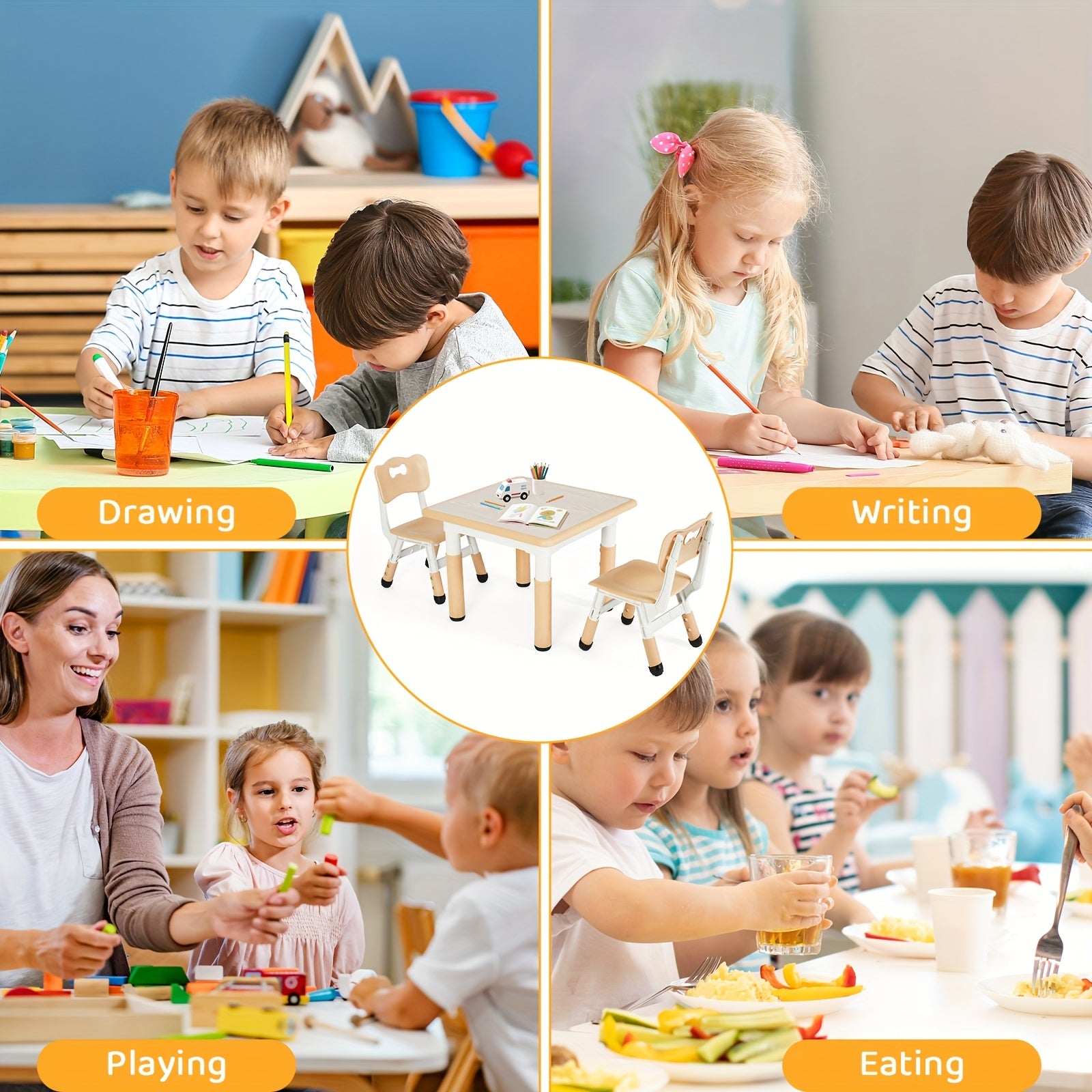 Kids Table And Chairs, Height Adjustable Table And Chair Set, Non-Slip Legs & Easy-Clean Graffiti Desktop (23.6''L X 23.6''W) For Learning, Daycare, Home (Beige)