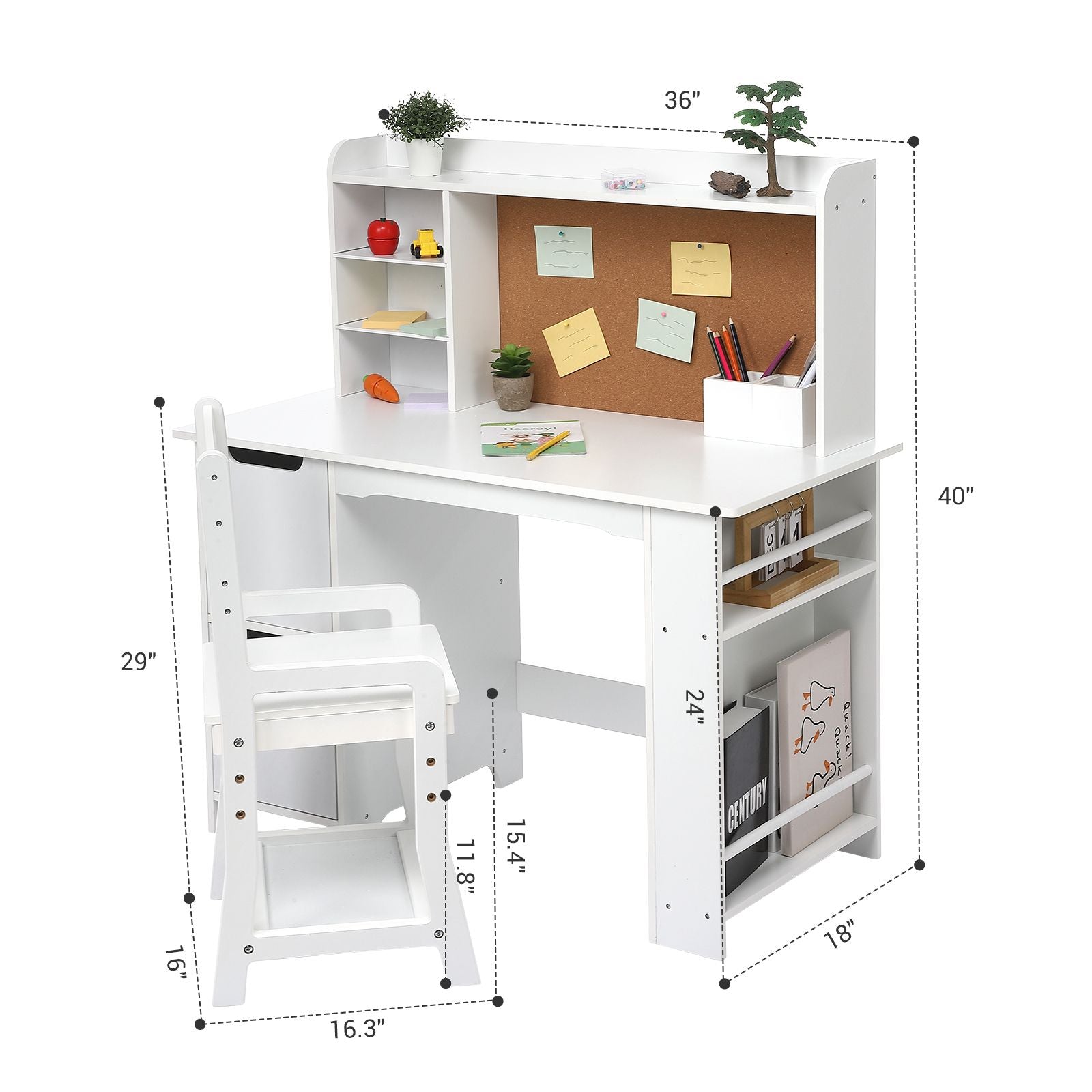 Kids Study Desk Set with Chair & Bookshelf - White Solid Hardwood Writing Desk with Bulletin Board, Storage Cabinets, Ladder Backrest & Easy Assembly - Space-Saving Learning for Ages 3-8, Girls & Boys, Home Schooling or Daycare Educational Furniture